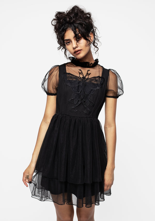 Hysteria Schmetterling Applikation Rüsche Hals Tüll Mini Kleid