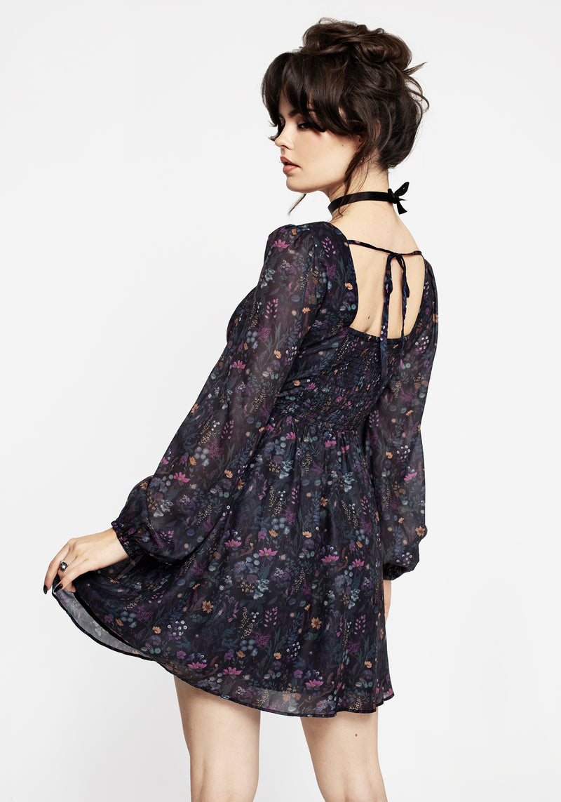 Heliotrope Floral Print Chiffon Mini Dress