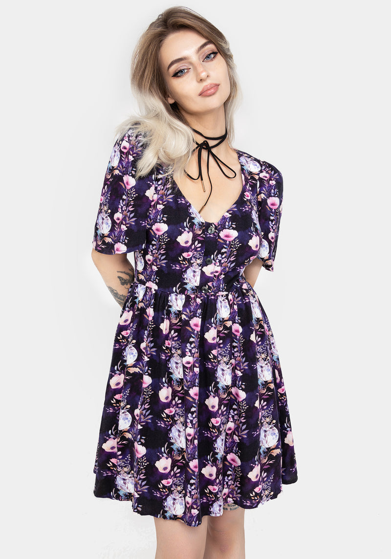 Socordia Blumenmuster Mond Knopf Vorderseite Mini Kleid