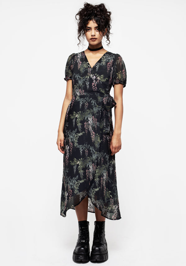 Wisteria Blumenmuster Druck Chiffon Midi Wickel Kleid