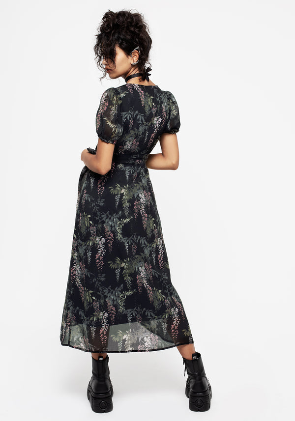 Wisteria Blumenmuster Druck Chiffon Midi Wickel Kleid