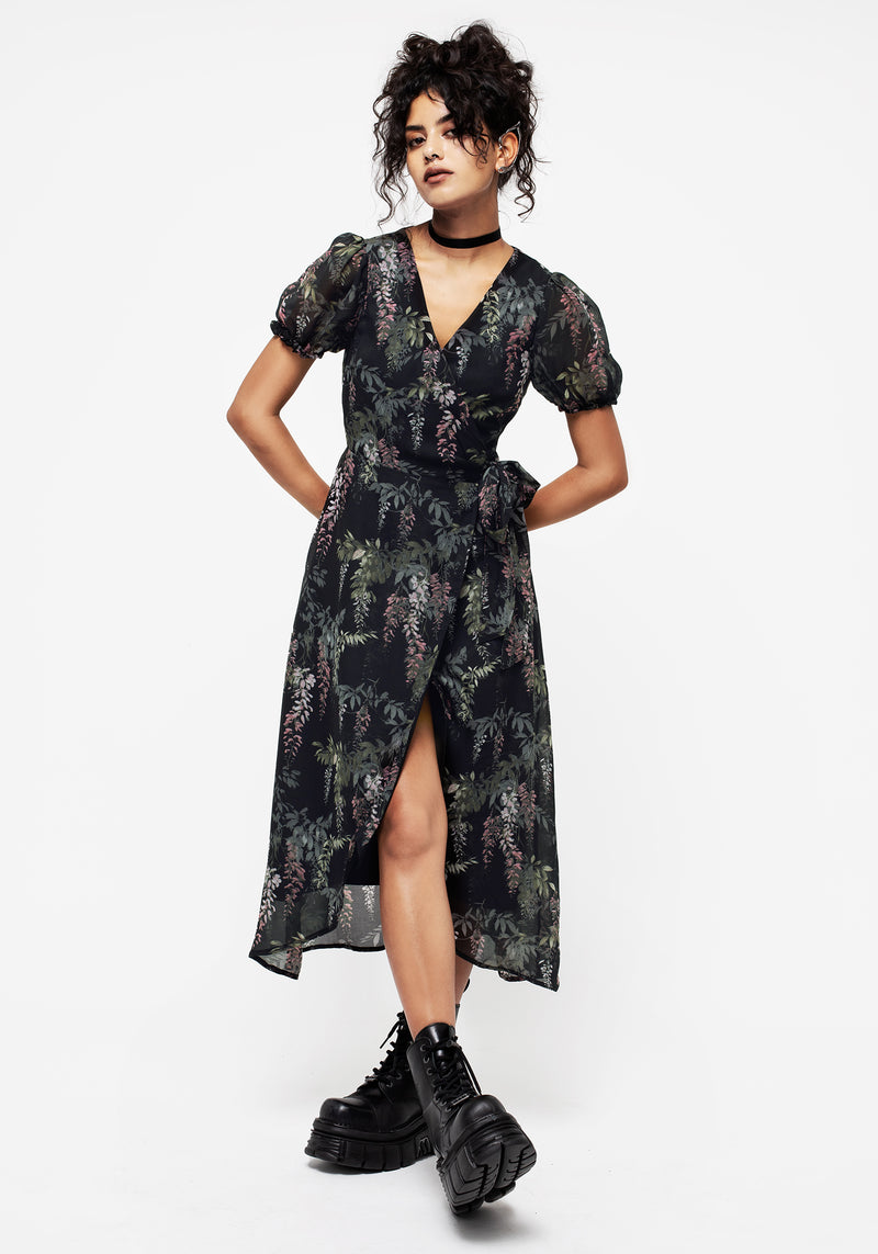 Wisteria Blumenmuster Druck Chiffon Midi Wickel Kleid