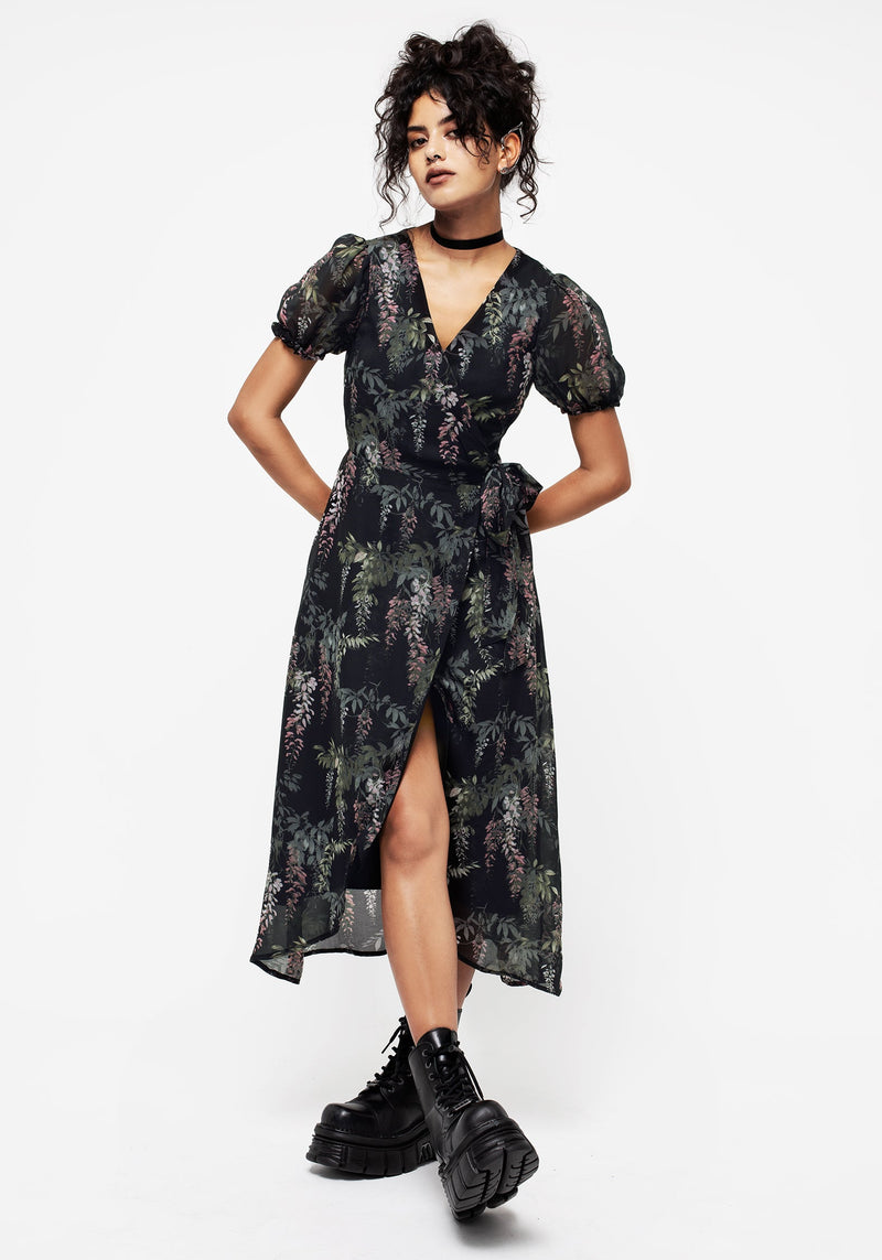 Wisteria Floral Print Chiffon Midi Wrap Dress – Disturbia Wisteria Floral Print Chiffon Midi Wrap Dress – Disturbia