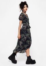 Wisteria Blumenmuster Druck Chiffon Midi Wickel Kleid