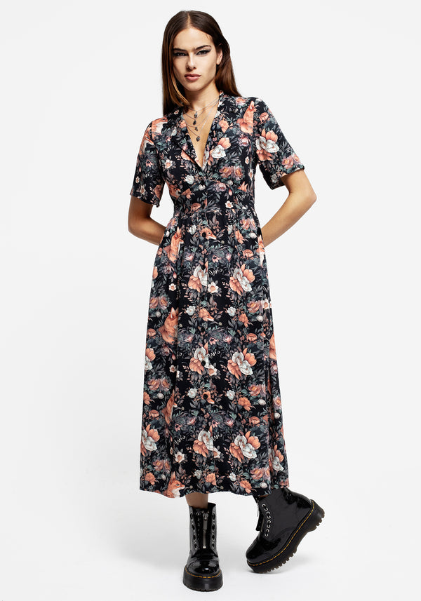 Reynard Fuchs Blumenmuster Druck Midi Hemd Kleid