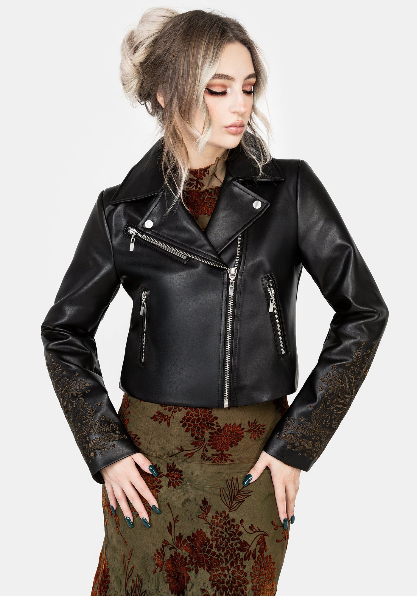 Disturbia | Vervain Embroidered Faux Leather Biker Jacket | Jackets