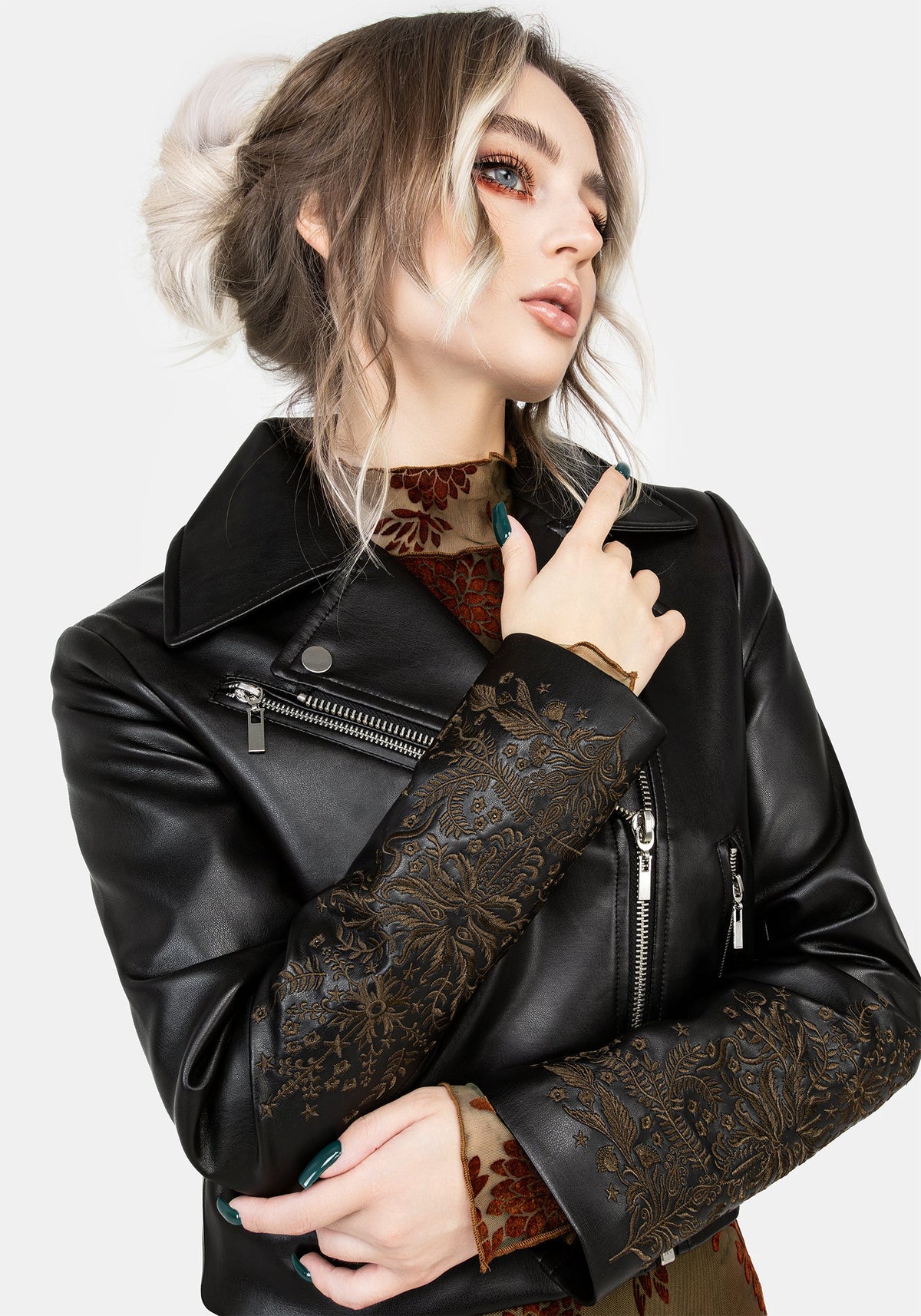 Vervain Bestickt Kunst- Leder Biker Jacke
