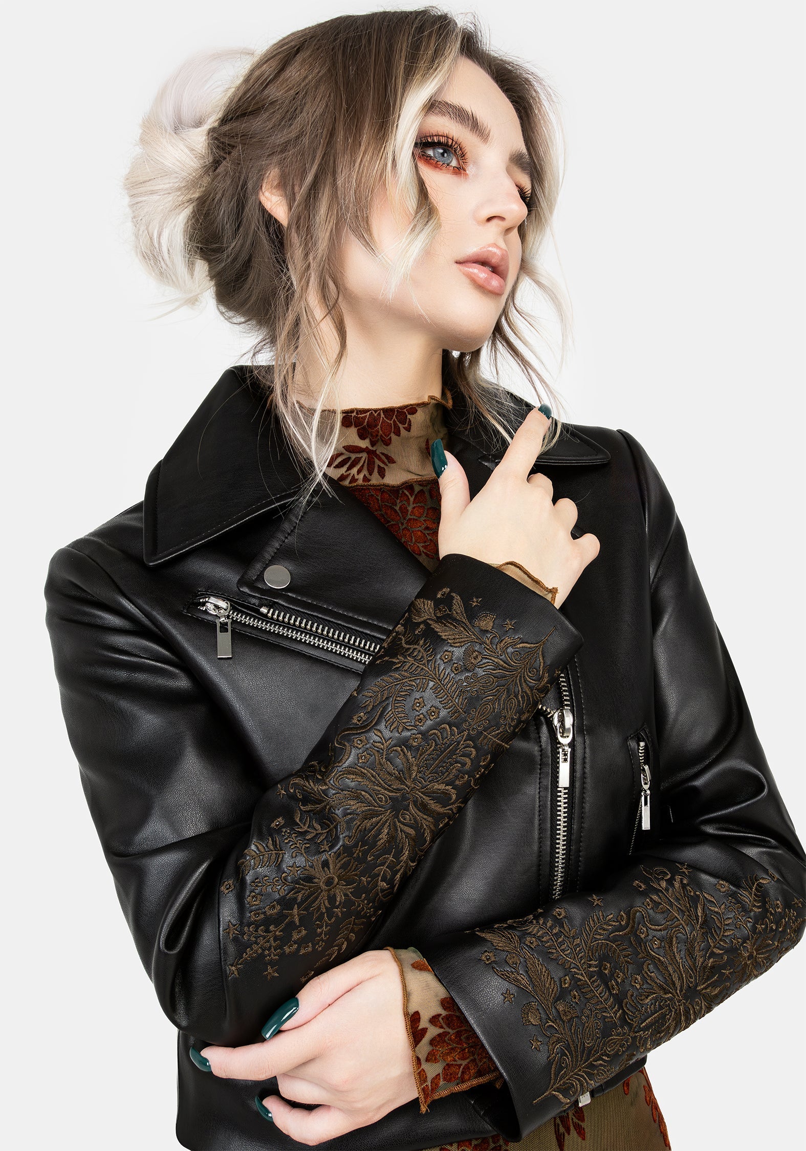 Vervain Bestickt Kunst- Leder Biker Jacke