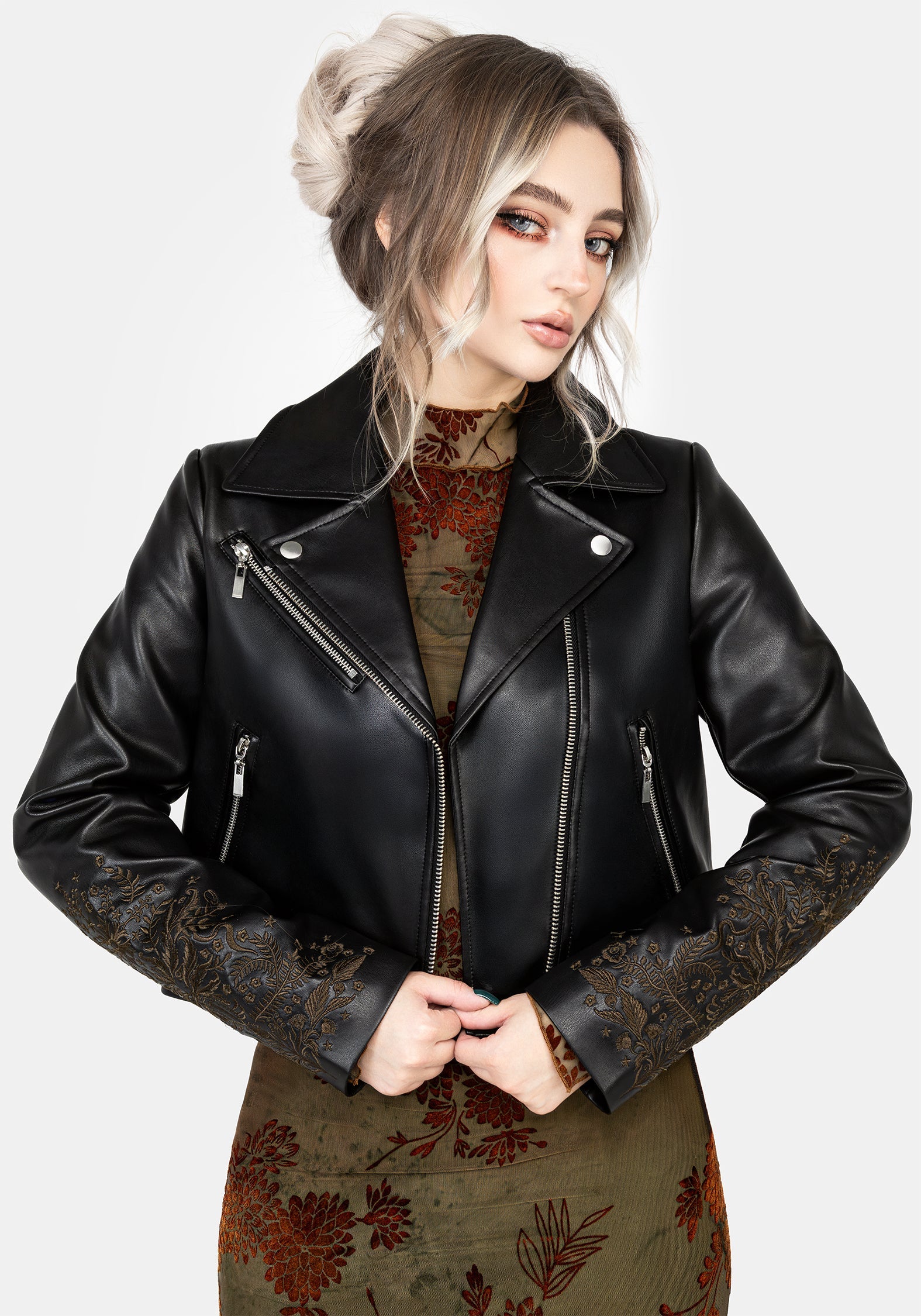 Vervain Bestickt Kunst- Leder Biker Jacke