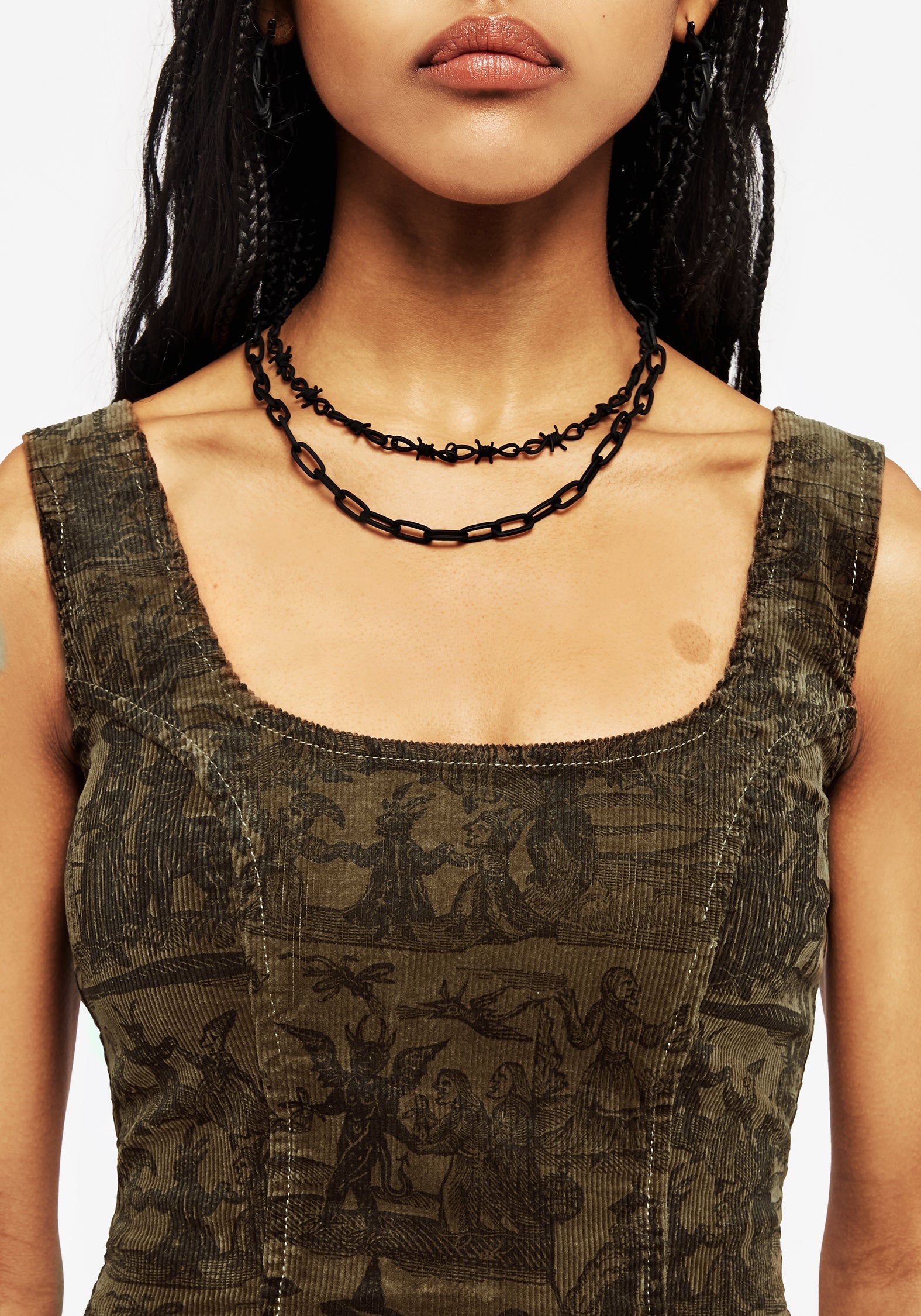 Disturbia | Diabolical Cord Woodcut Print Zip Corset Top | Corsets