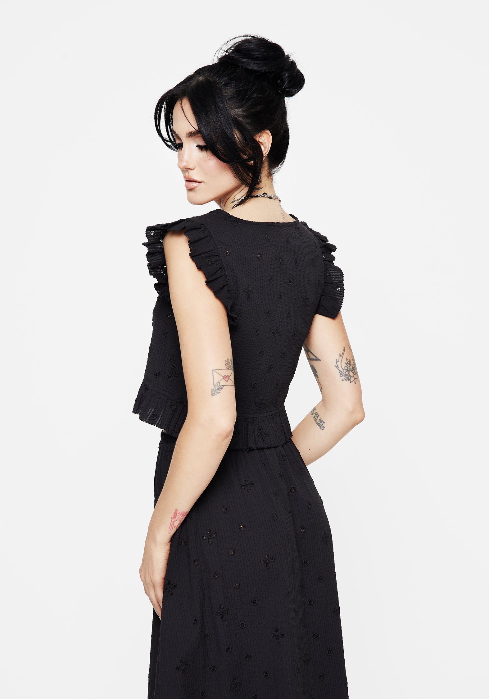 Crux Broderie Knopf Hoch Ärmellos Bluse Top