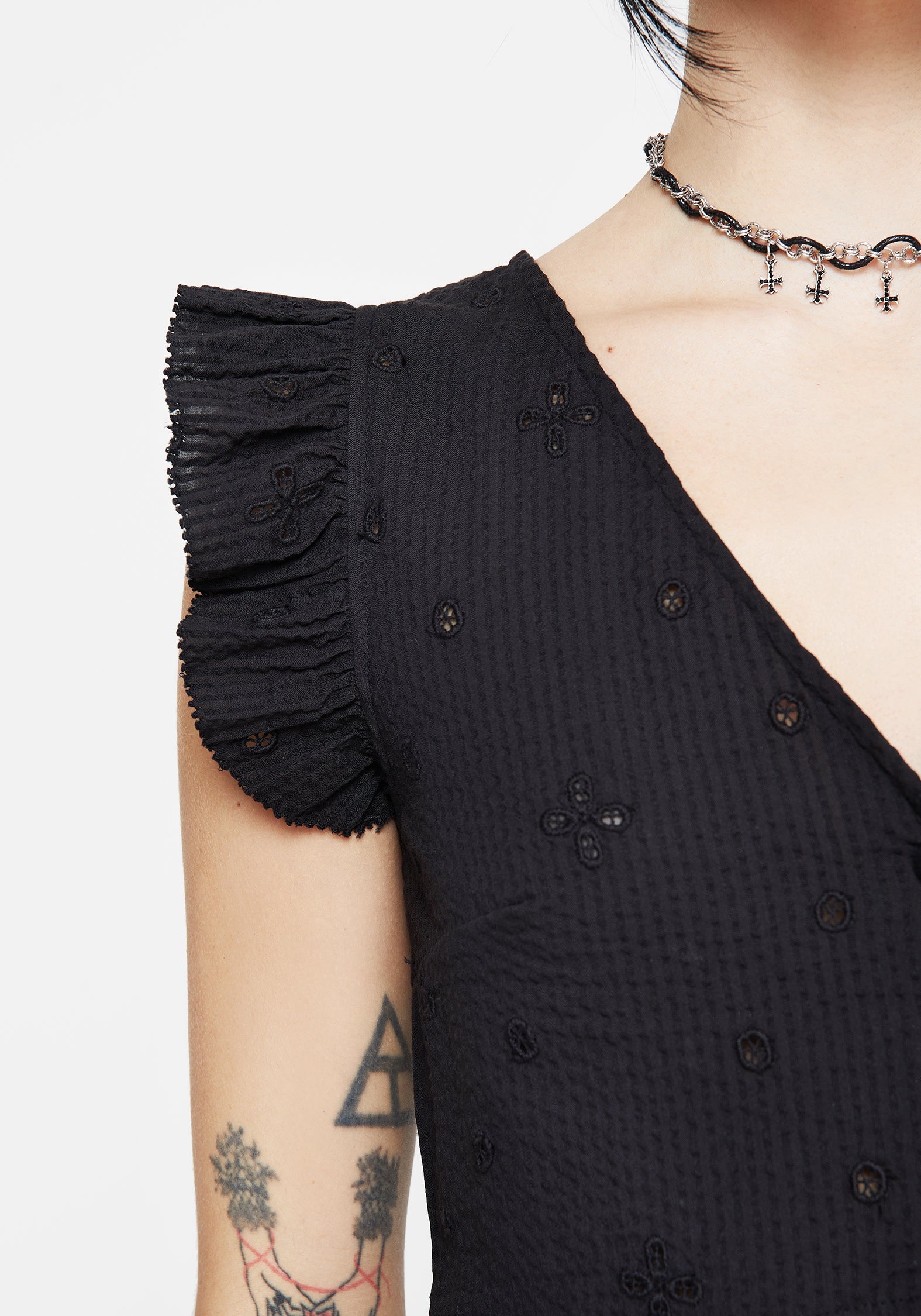 Crux Broderie Knopf Hoch Ärmellos Bluse Top
