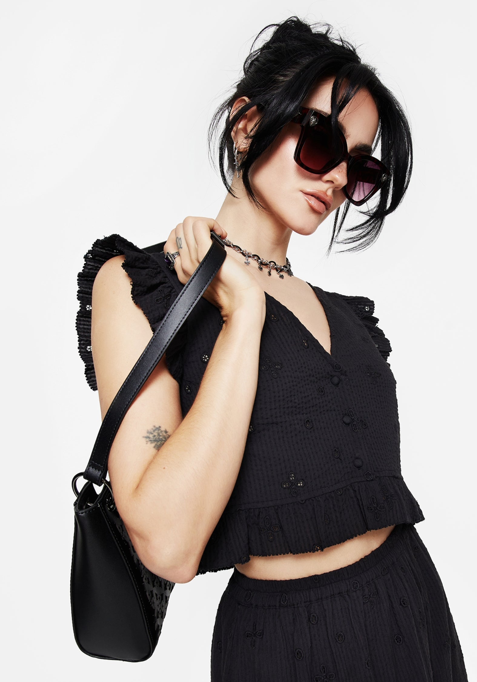 Crux Broderie Knopf Hoch Ärmellos Bluse Top