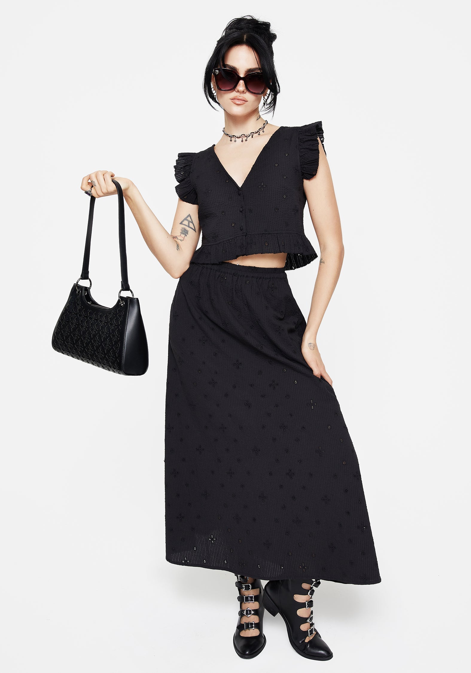 Crux Broderie Knopf Hoch Ärmellos Bluse Top