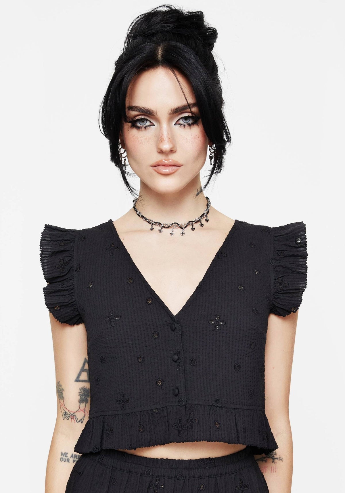 Crux Broderie Knopf Hoch Ärmellos Bluse Top
