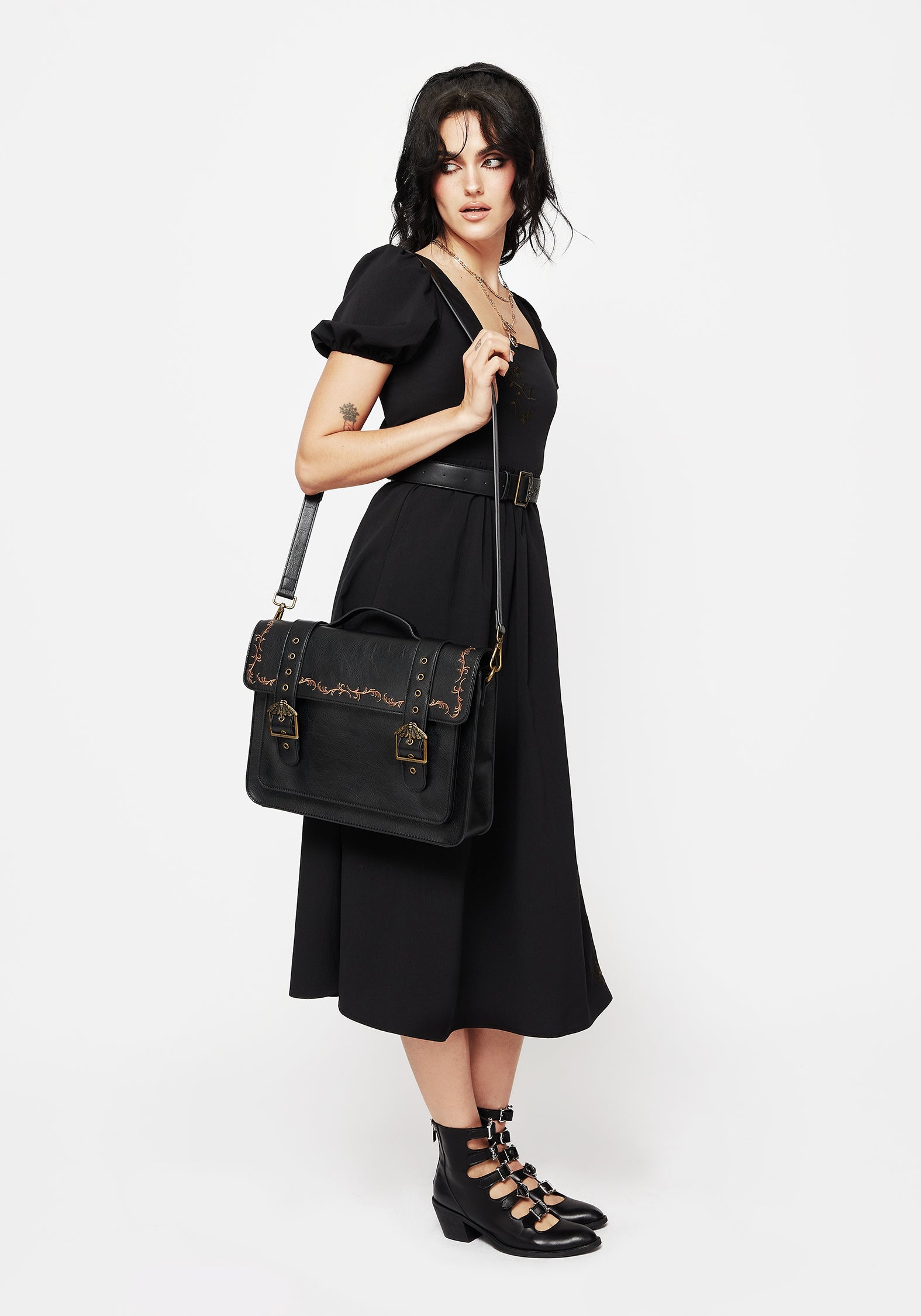 Rosamoth Schnalle Vine Bestickt Schulranzen Tasche  Schwarz
