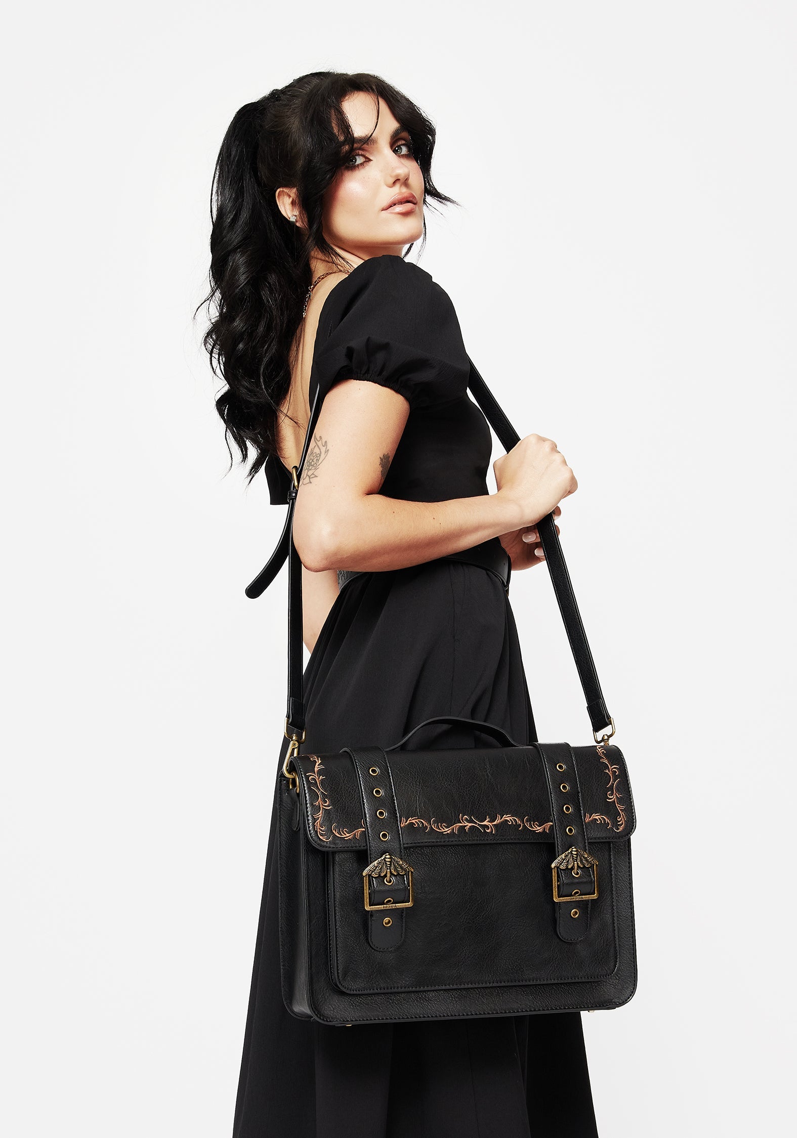 Rosamoth Schnalle Vine Bestickt Schulranzen Tasche  Schwarz