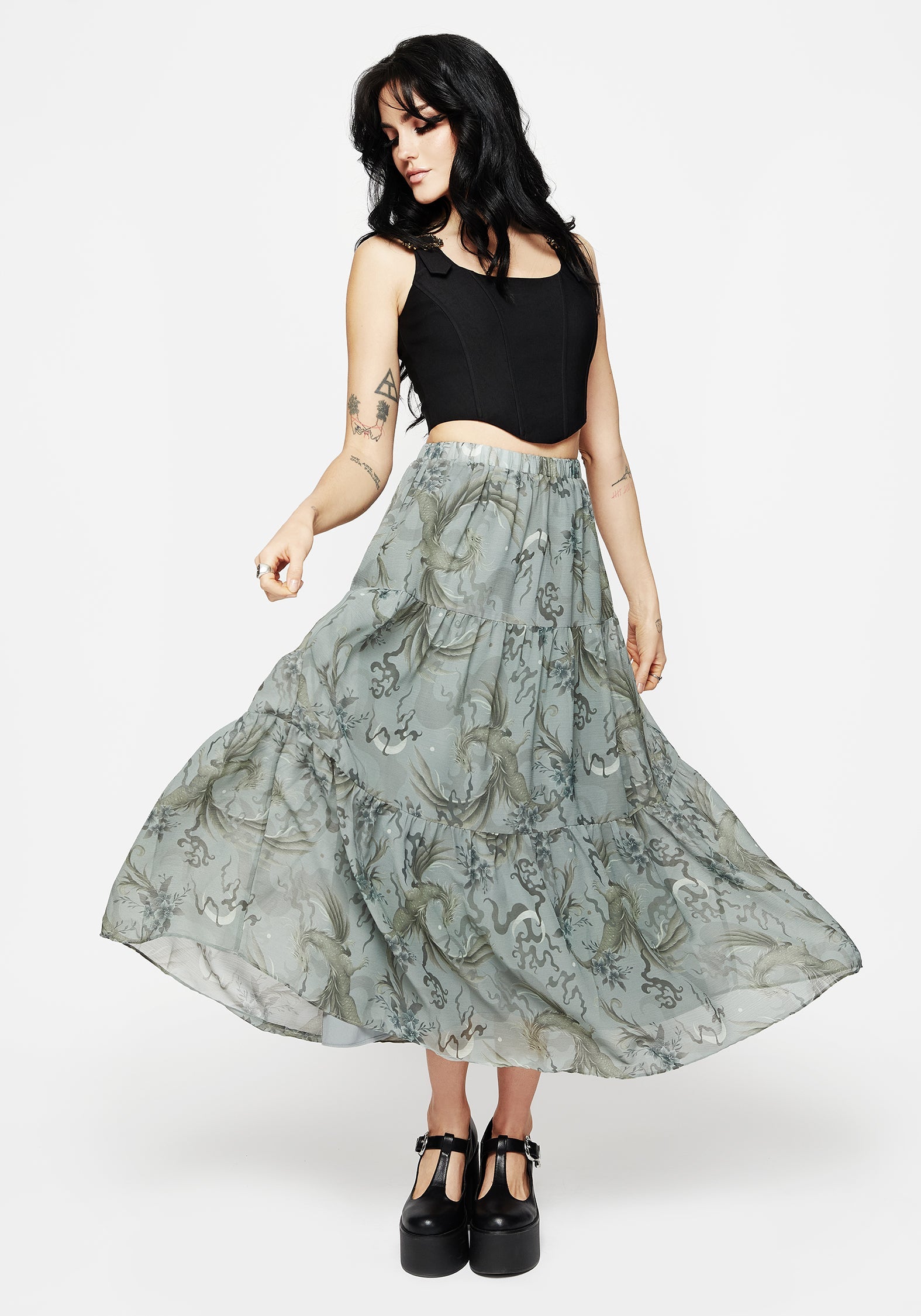 Sapphira Dragon Druck Chiffon Gestuft Maxi Rock