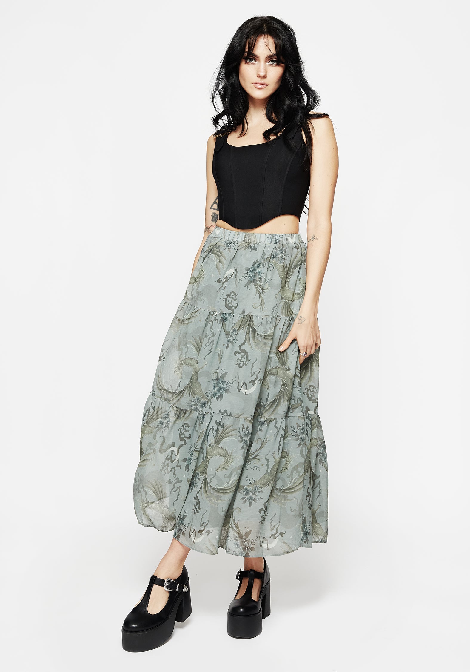 Sapphira Dragon Druck Chiffon Gestuft Maxi Rock