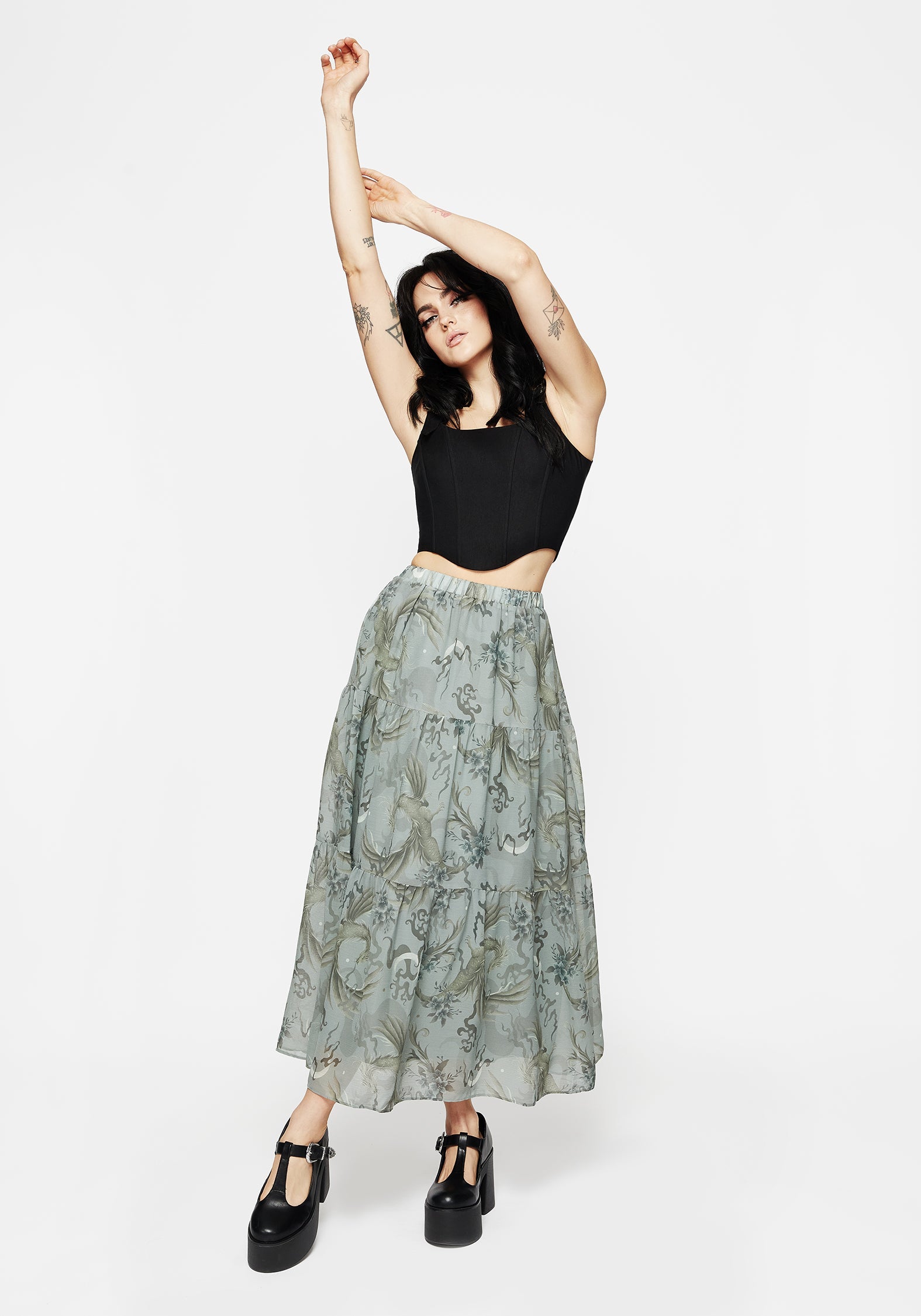 Sapphira Dragon Druck Chiffon Gestuft Maxi Rock