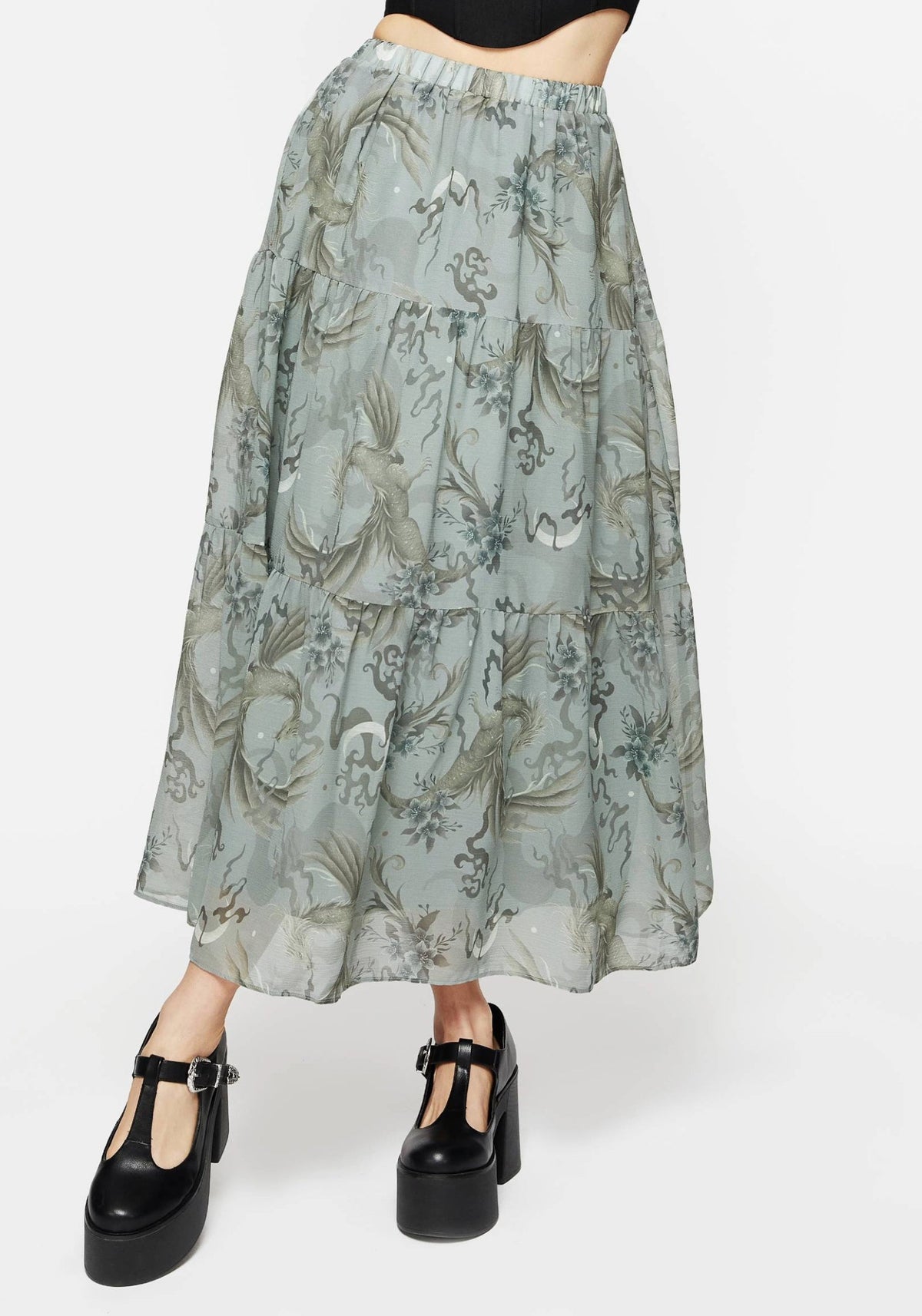 Sapphira Dragon Druck Chiffon Gestuft Maxi Rock