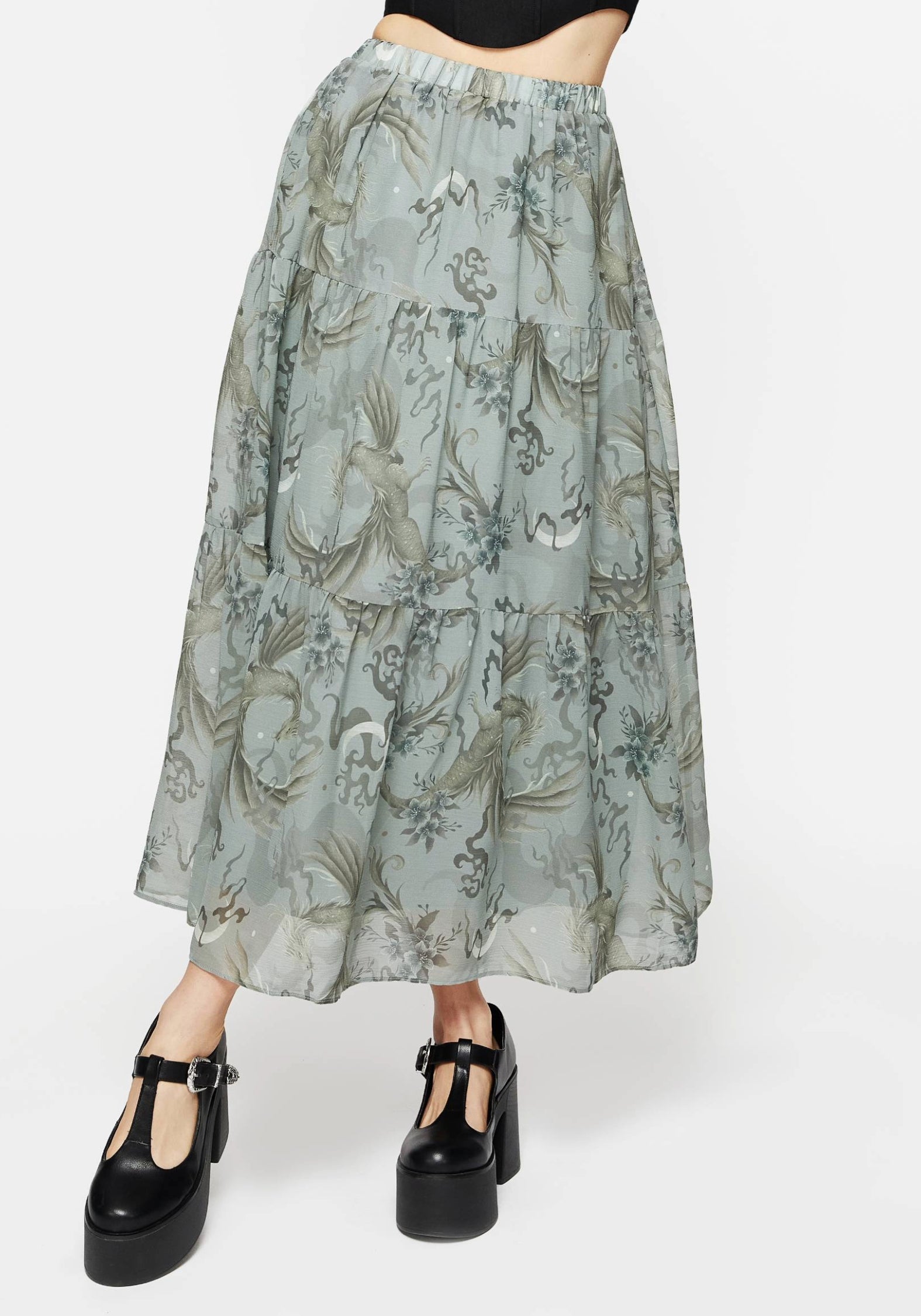 Sapphira Dragon Druck Chiffon Gestuft Maxi Rock
