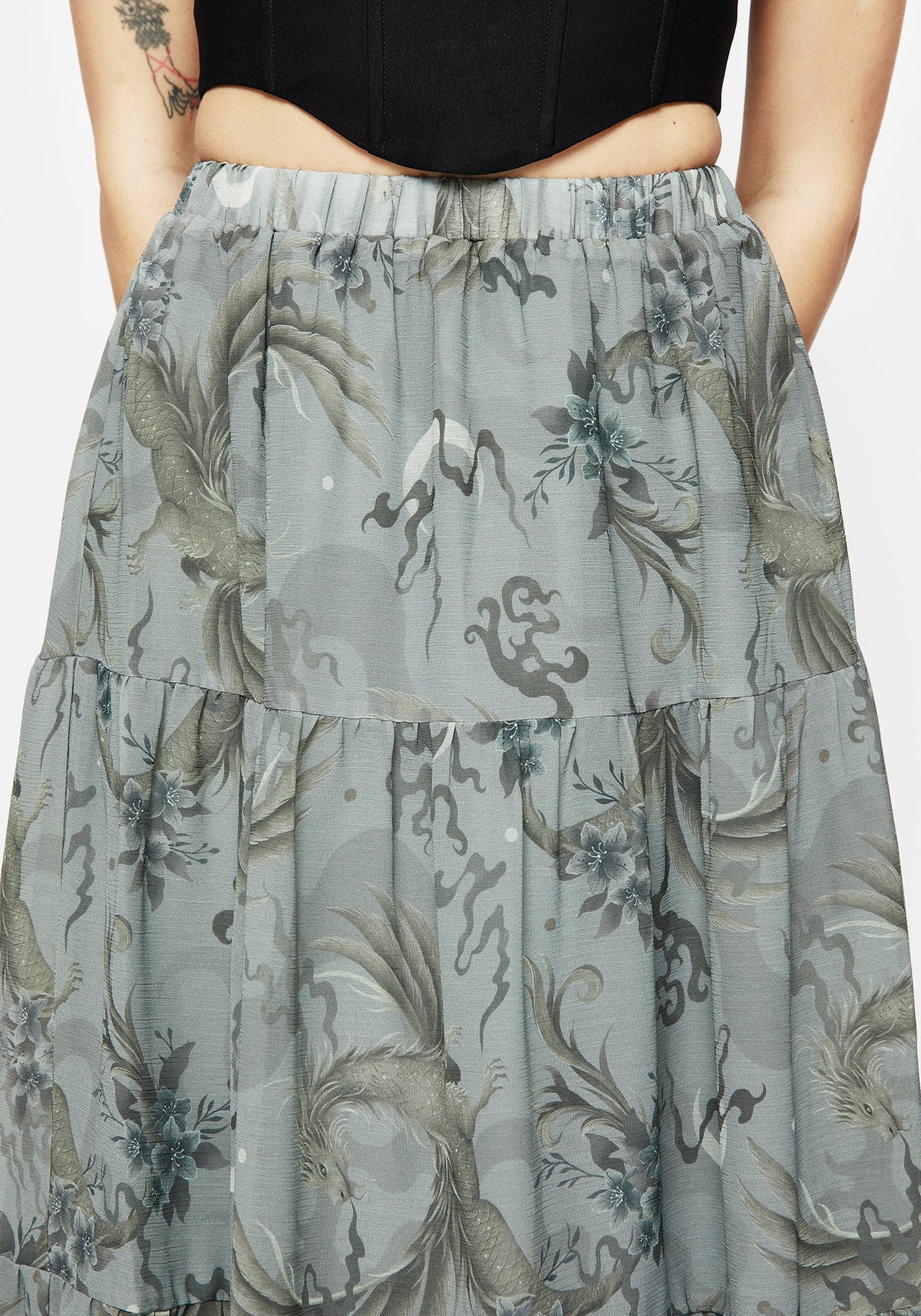Sapphira Dragon Druck Chiffon Gestuft Maxi Rock