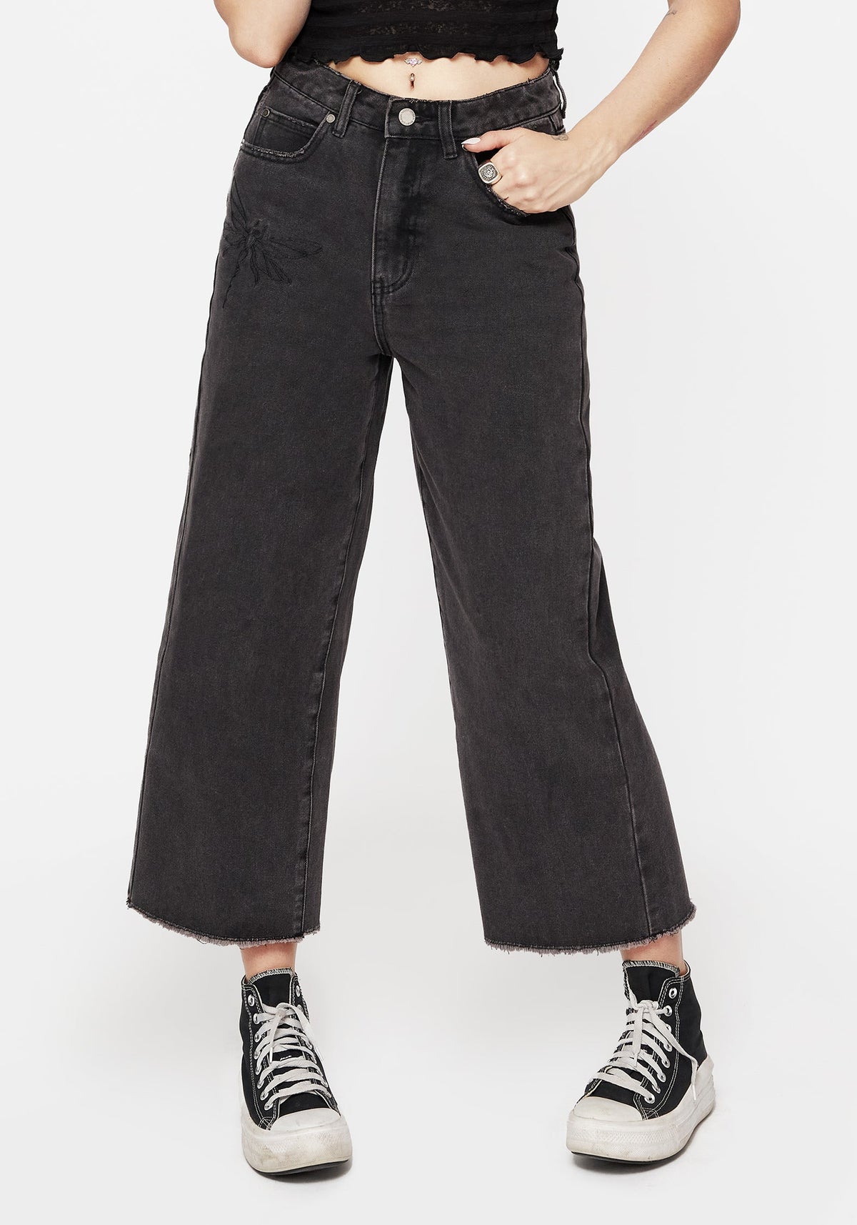 Dragonfly Bestickt Weit Bein Denim Culotte Jeans