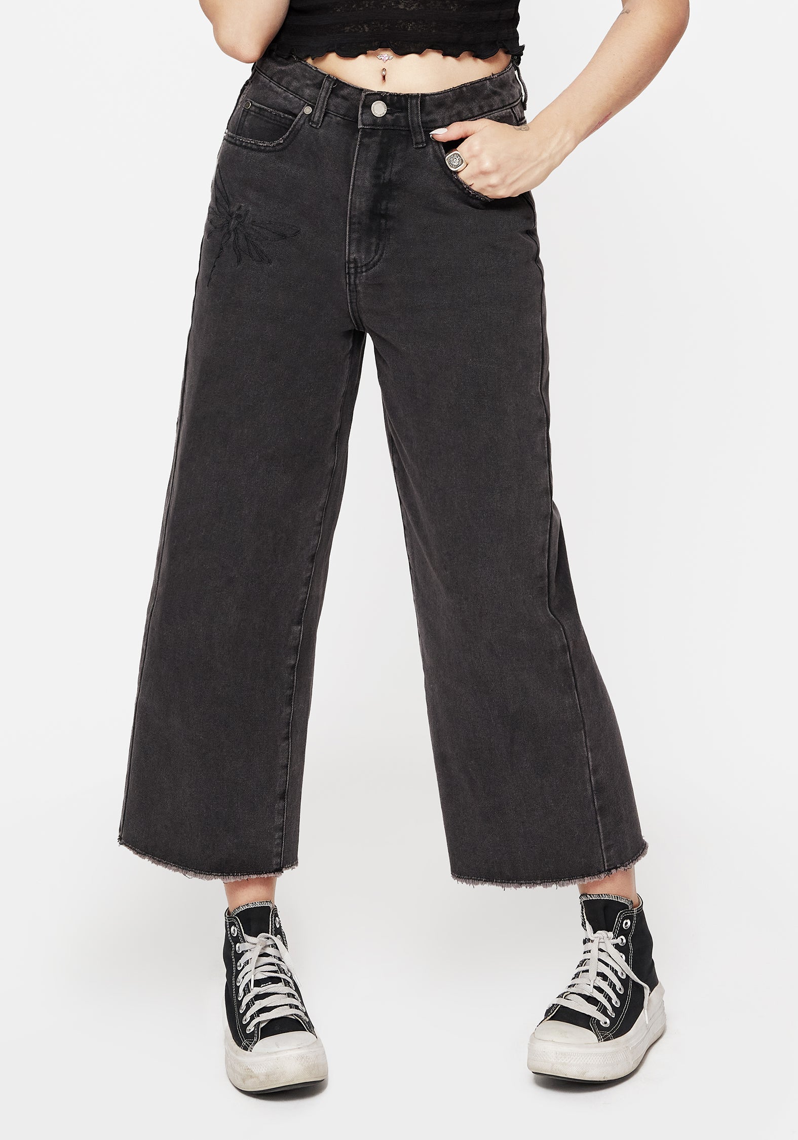 Dragonfly Bestickt Weit Bein Denim Culotte Jeans
