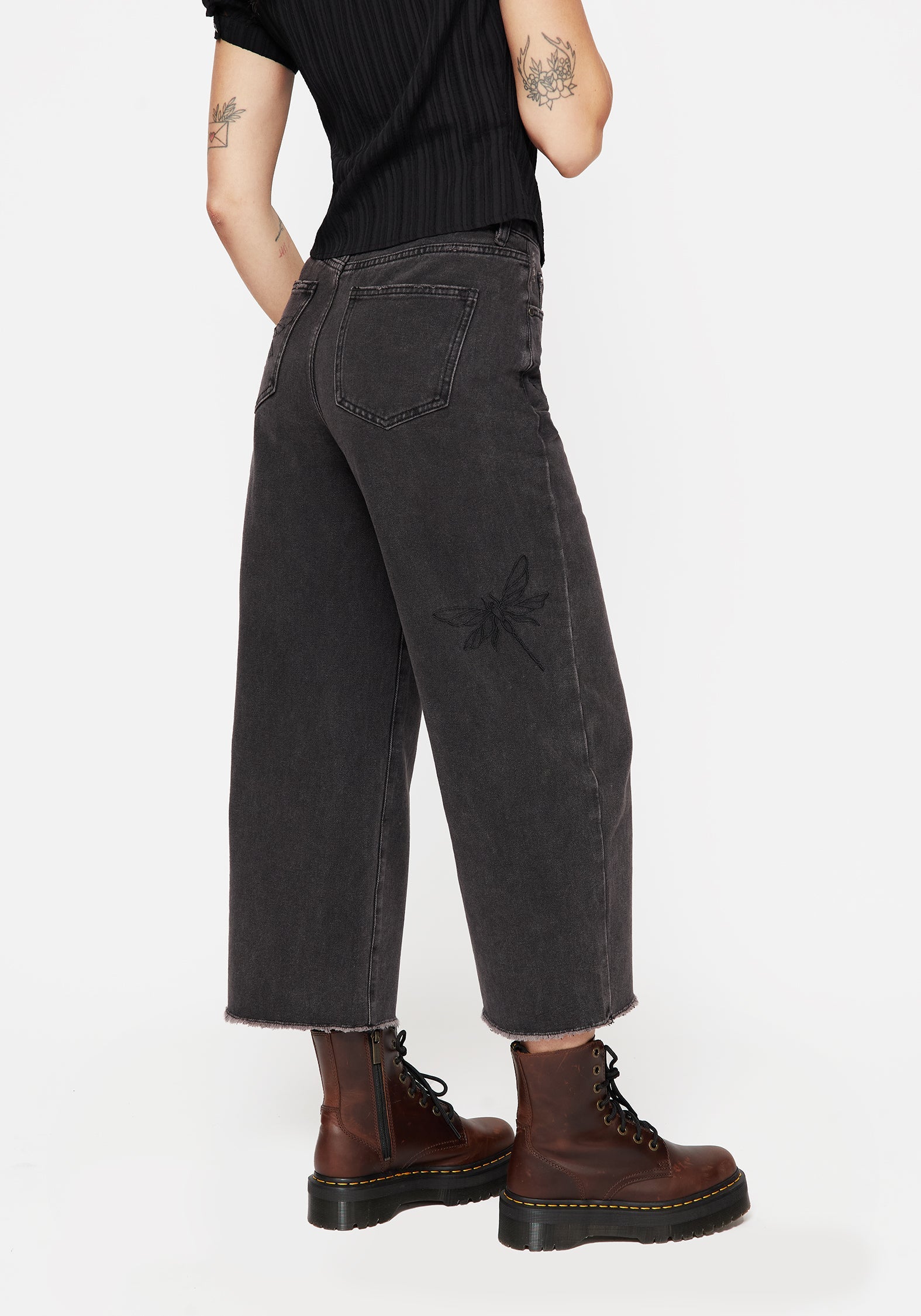 Dragonfly Bestickt Weit Bein Denim Culotte Jeans