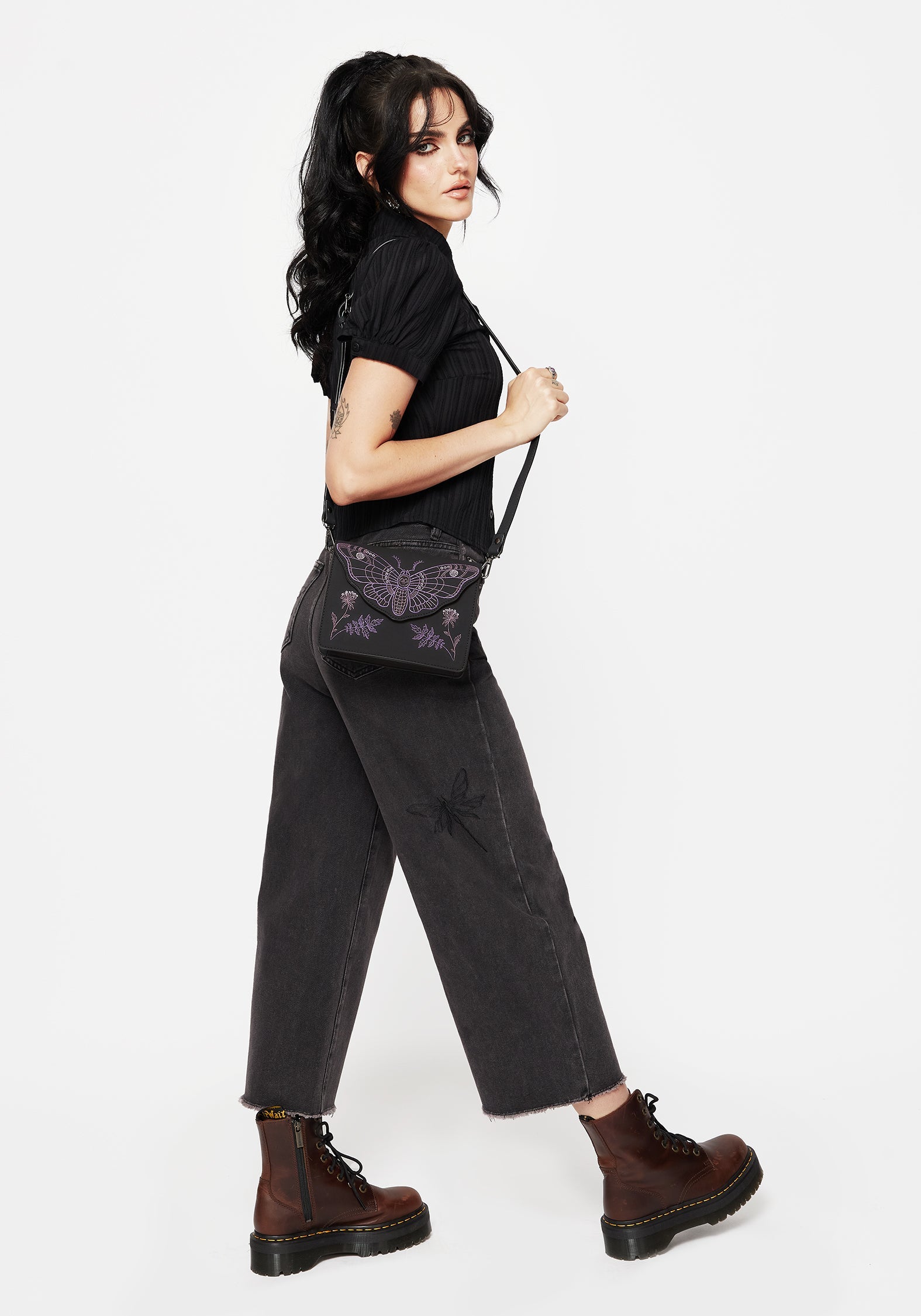 Dragonfly Bestickt Weit Bein Denim Culotte Jeans