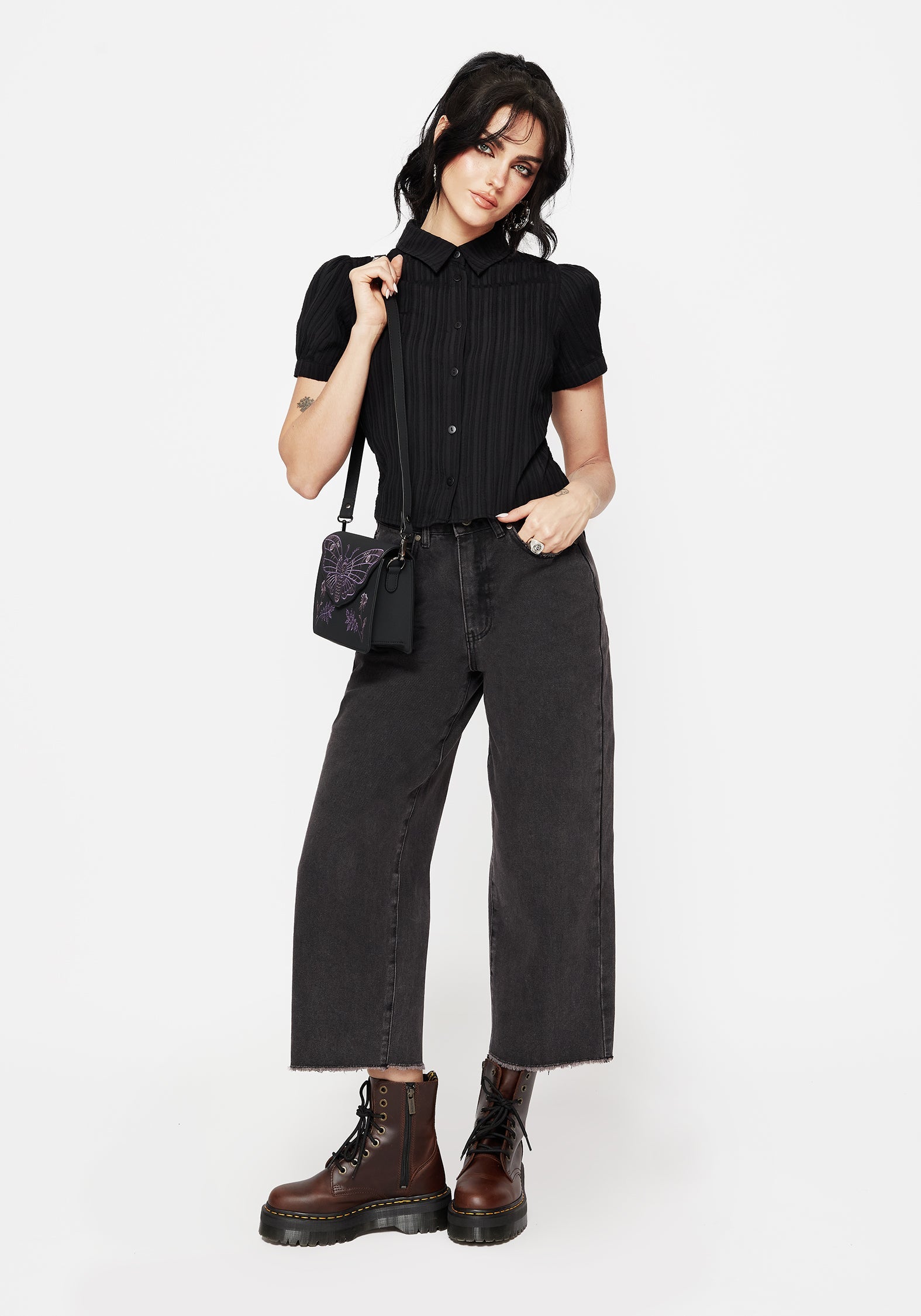 Dragonfly Bestickt Weit Bein Denim Culotte Jeans
