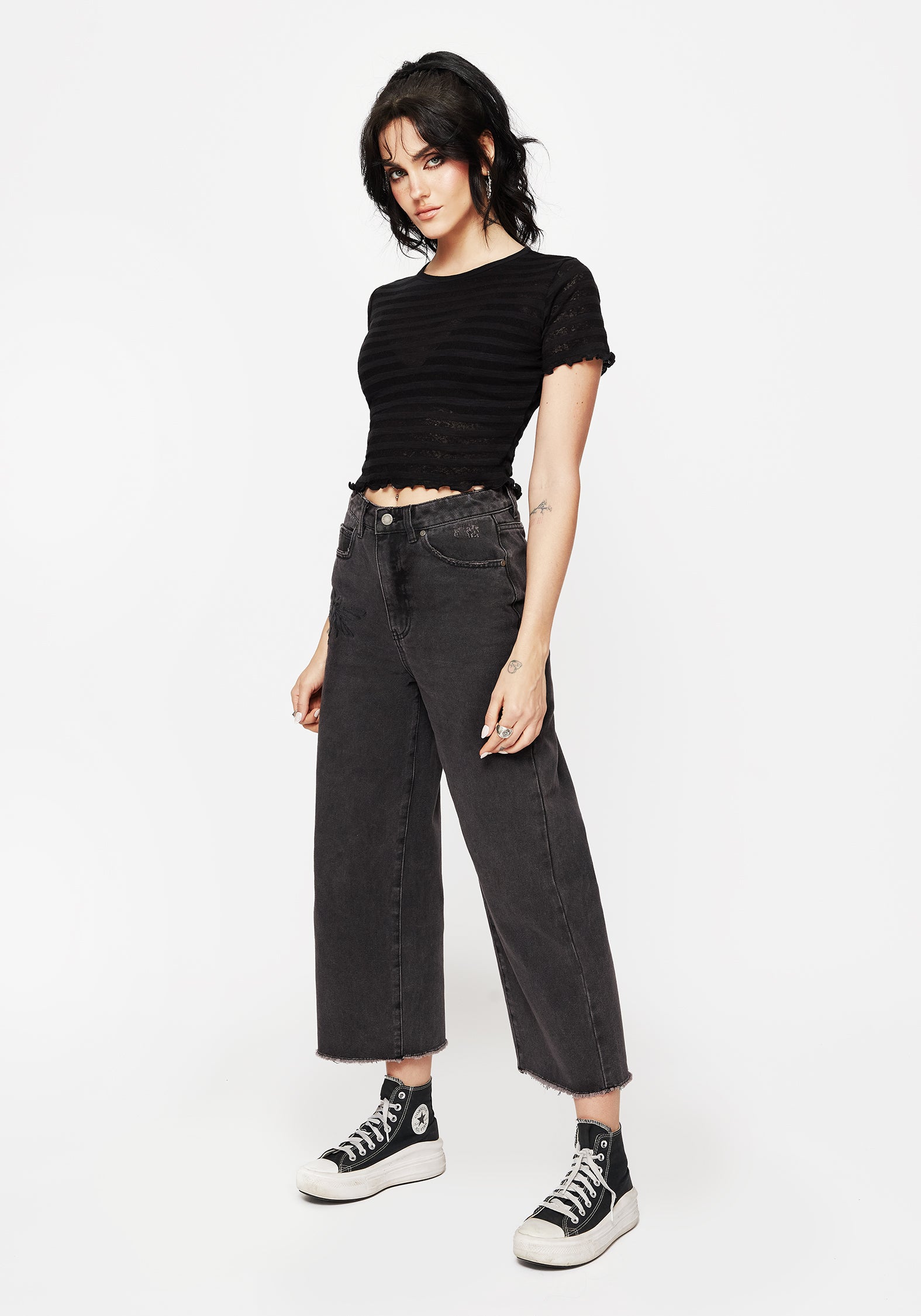 Dragonfly Bestickt Weit Bein Denim Culotte Jeans