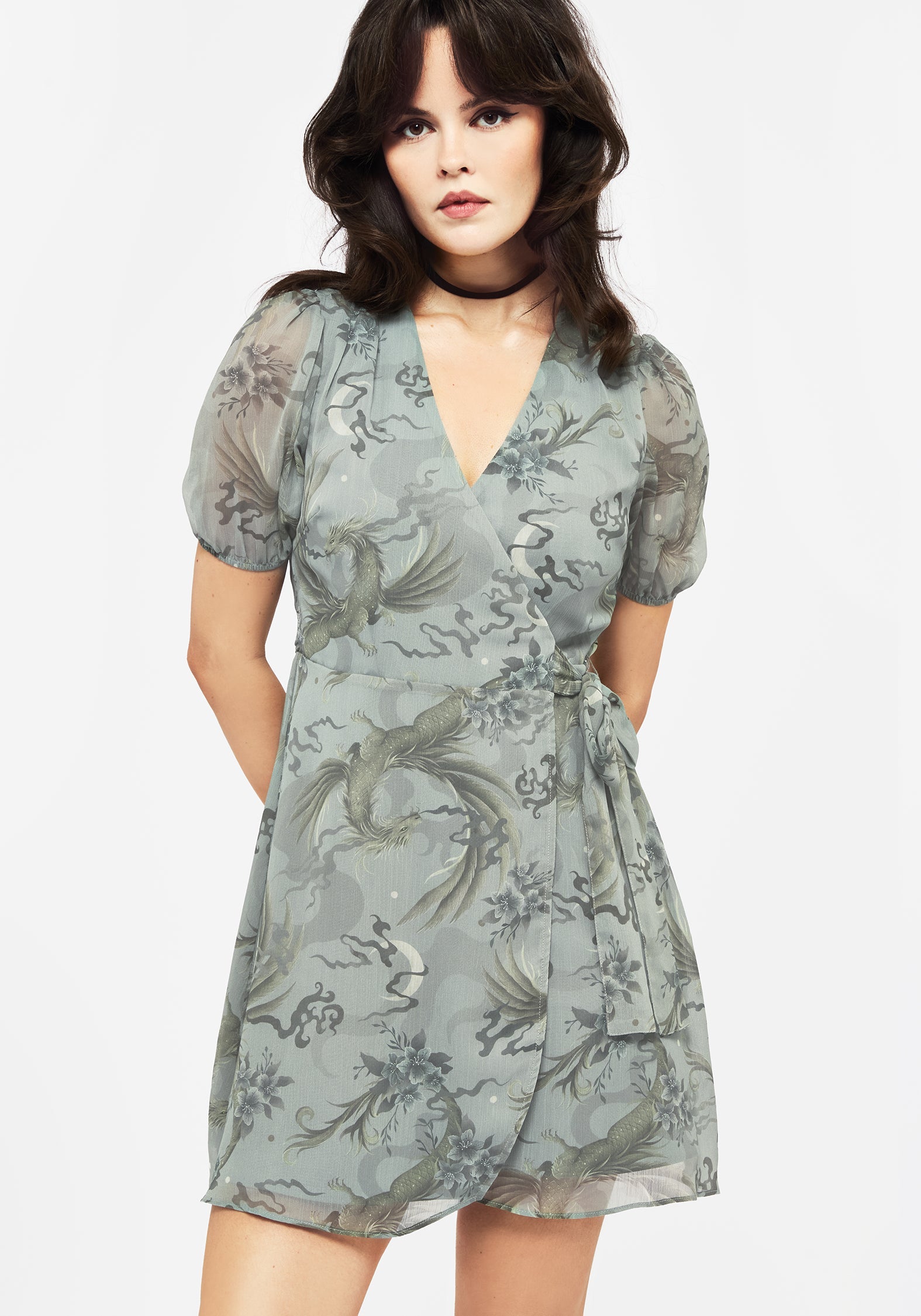 Sapphira Dragon Druck Chiffon Mini Wickel Kleid