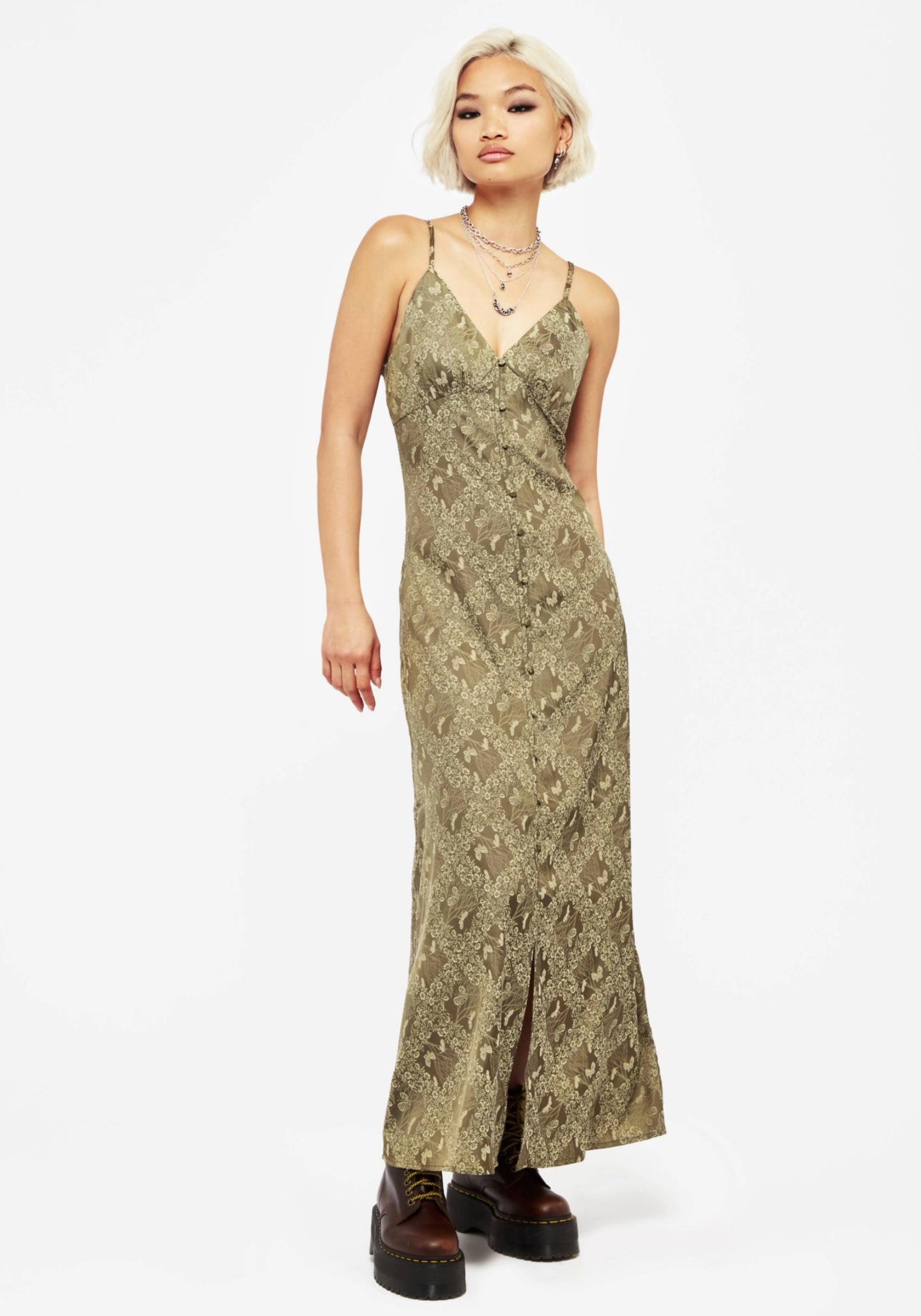Yara Blumenmuster Druck Knopf Hoch Maxi Slip Kleid