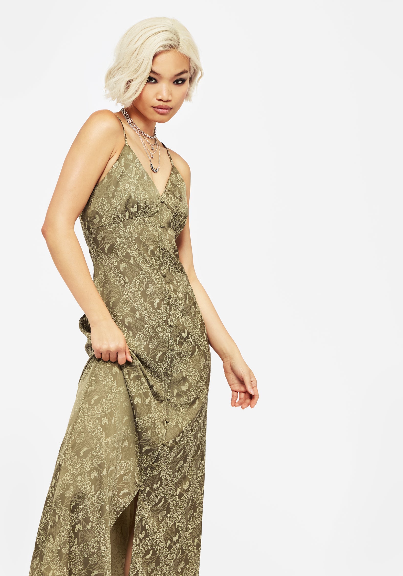 Yara Blumenmuster Druck Knopf Hoch Maxi Slip Kleid