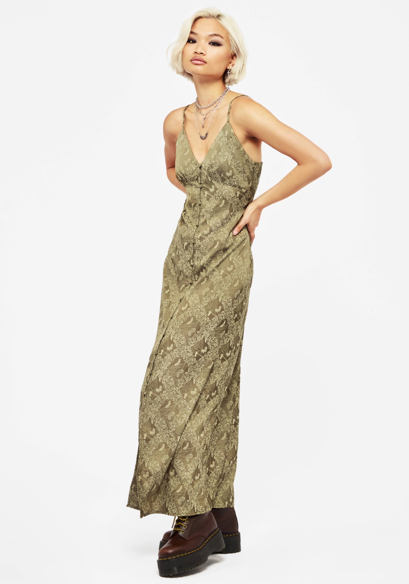 Yara Blumenmuster Druck Knopf Hoch Maxi Slip Kleid