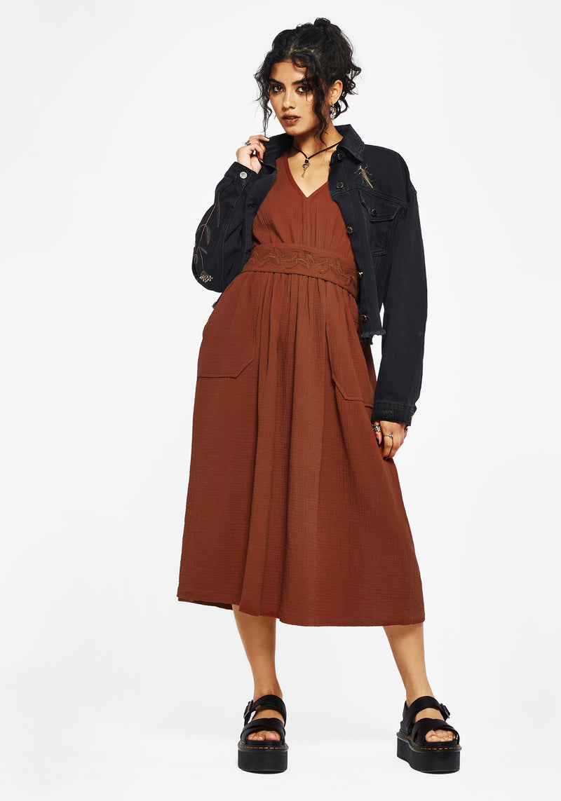 Tiana Baumwolle Applikation Besatz Midi Kleid
