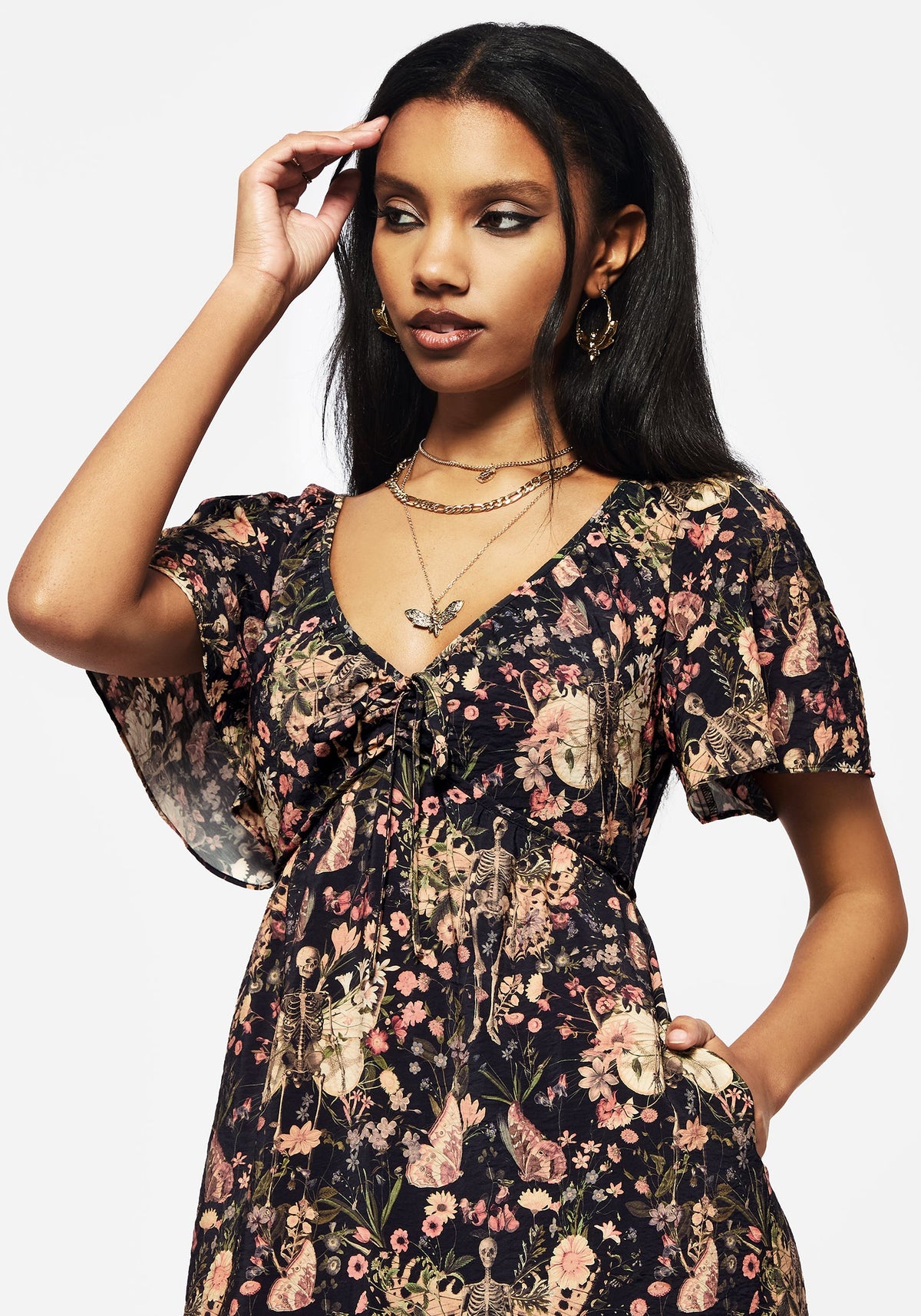 Pixie Blumenmuster Druck Krawatte Vorderseite Maxi Kleid
