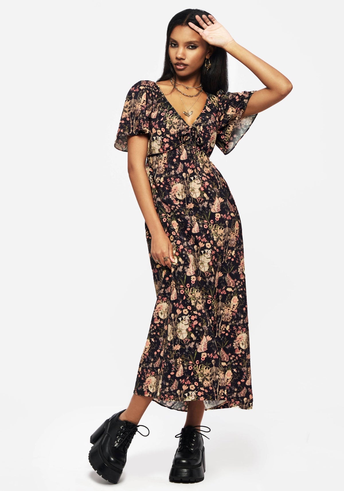 Pixie Blumenmuster Druck Krawatte Vorderseite Maxi Kleid