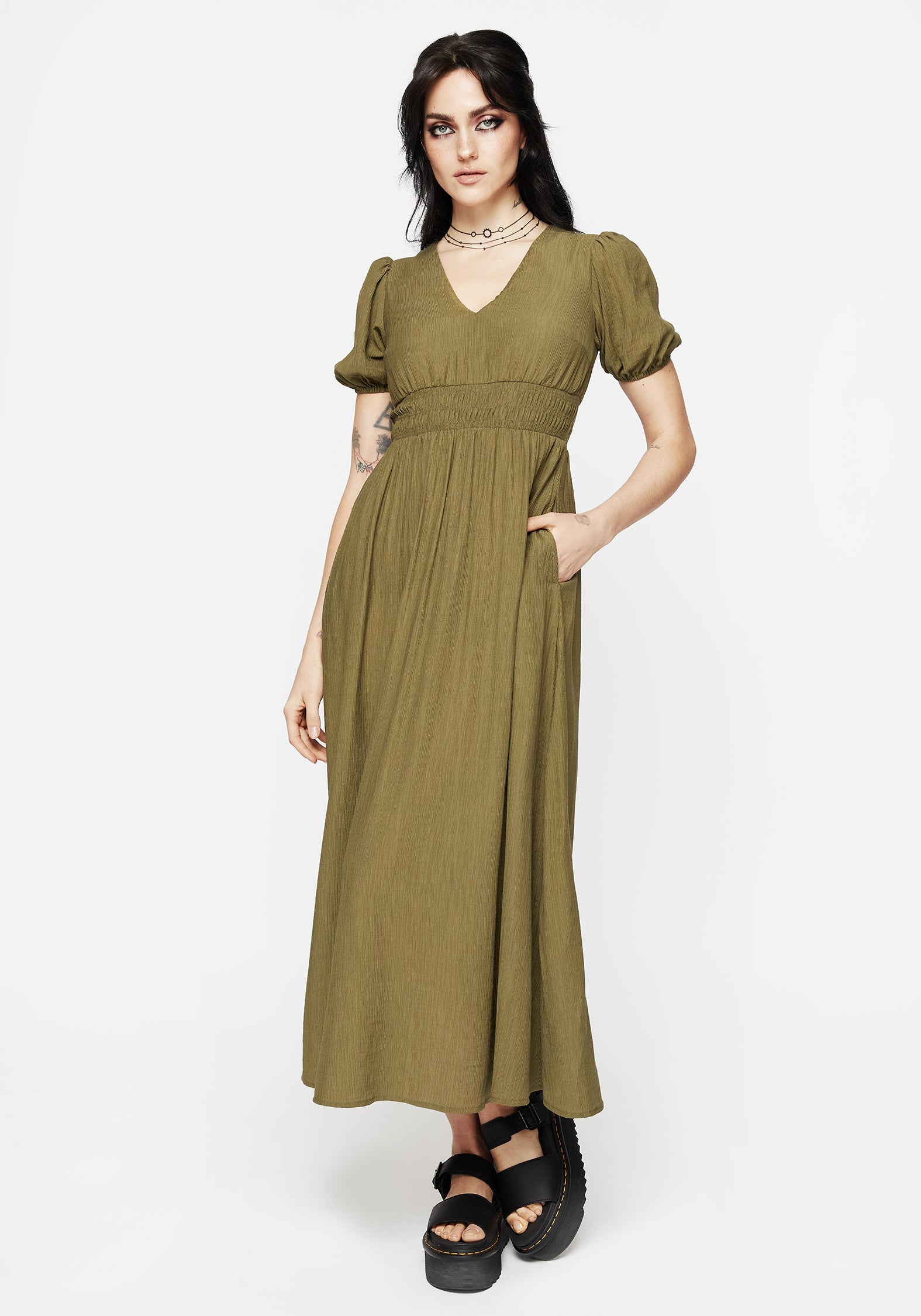 Tryphena Gerafft V Hals Midaxi Kleid
