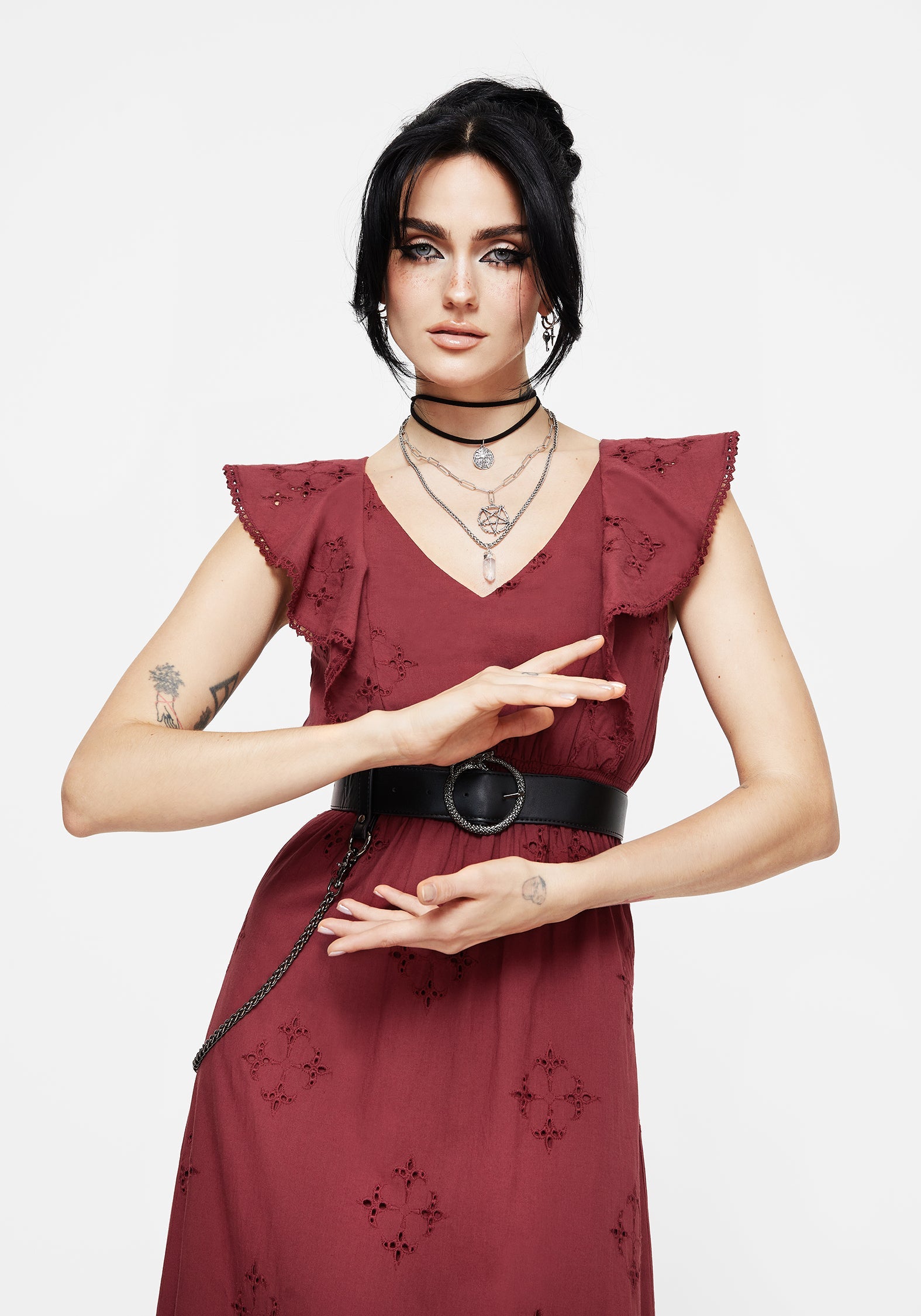 Crux Broderie Baumwolle V-Ausschnitt Rüsche Maxi Kleid