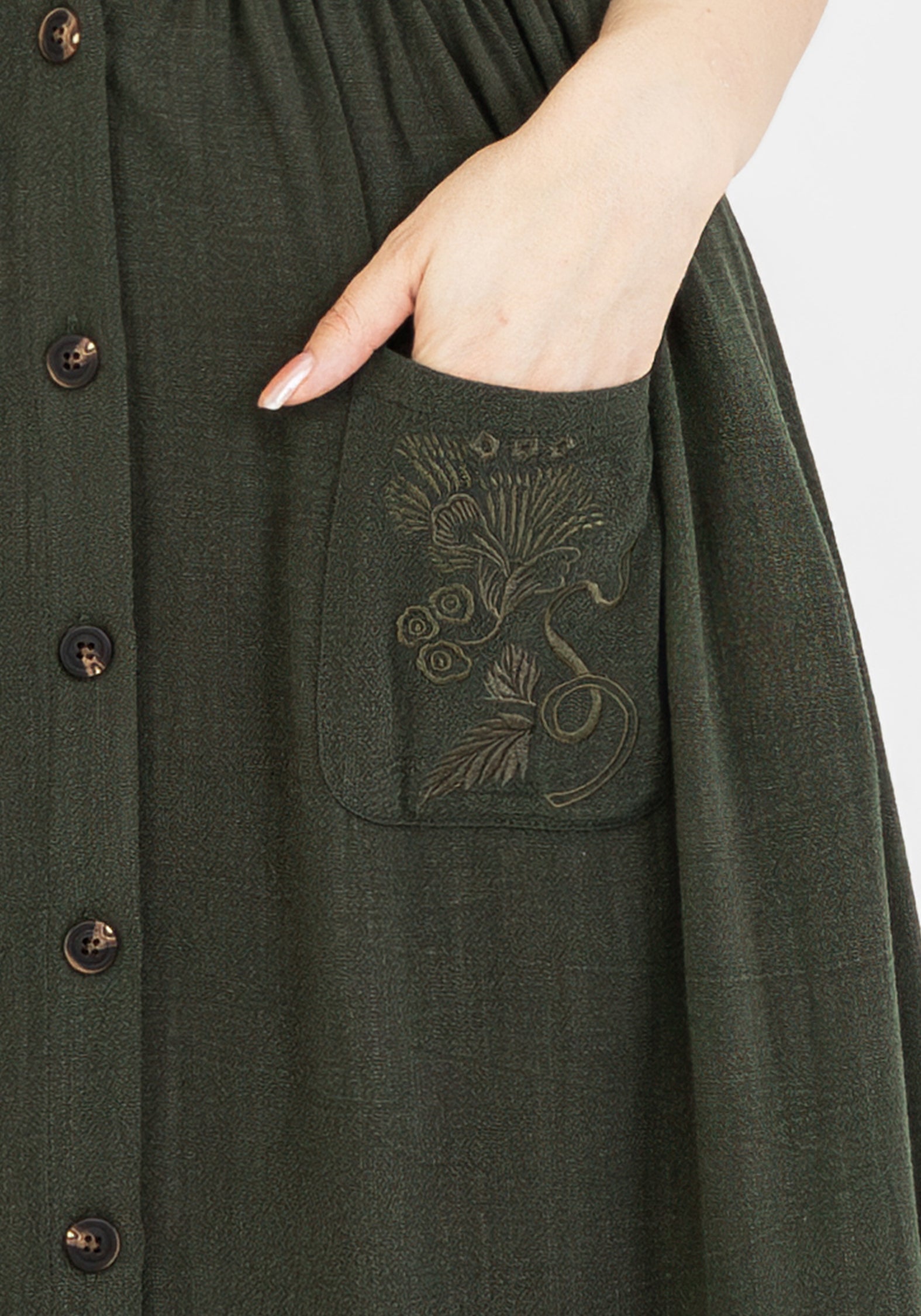 Foliate Leinenmischung Bestickt Knopf Hoch Midi Kleid - Grün