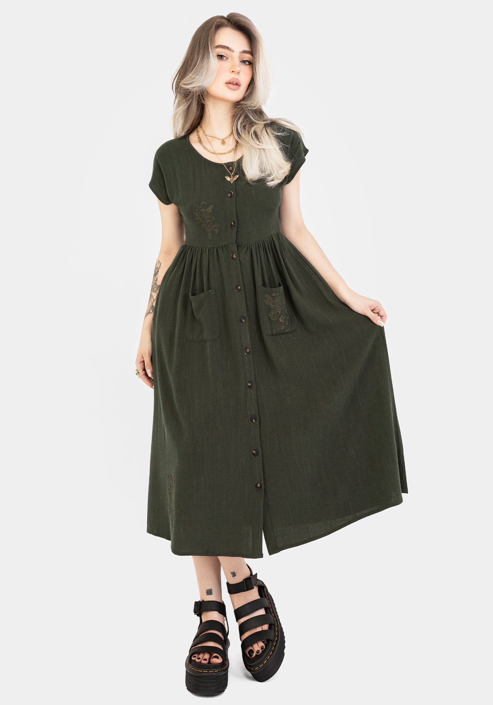 Foliate Leinenmischung Bestickt Knopf Hoch Midi Kleid - Grün