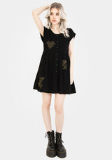 Foliate Leinenmischung Bestickt Knopf Hoch Mini Kleid - Schwarz