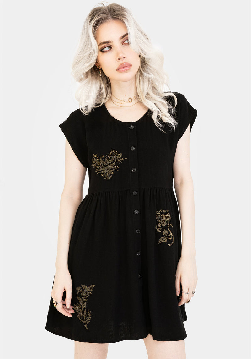 Foliate Linen-Blend Embroidered Button Up Mini Dress - Black Disturbia Foliate Linen-Blend Embroidered Button Up Mini Dress - Black Disturbia