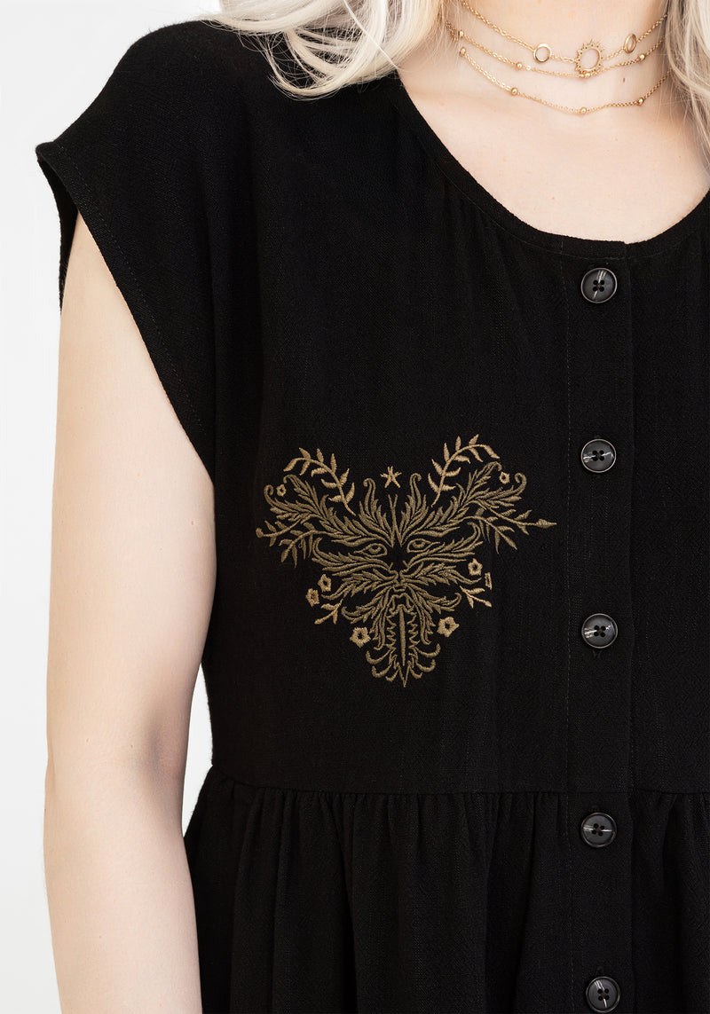 Foliate Leinenmischung Bestickt Knopf Hoch Mini Kleid - Schwarz