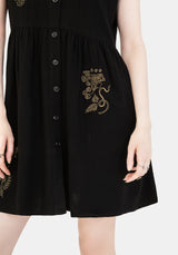 Foliate Leinenmischung Bestickt Knopf Hoch Mini Kleid - Schwarz