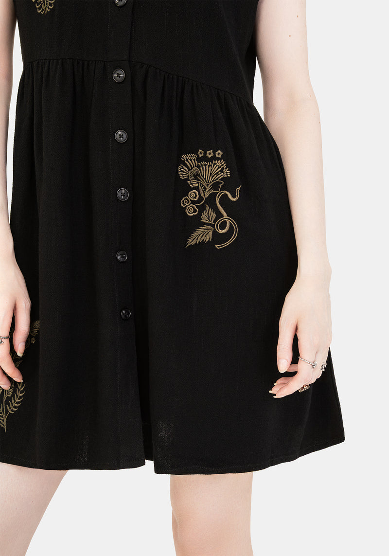 Foliate Leinenmischung Bestickt Knopf Hoch Mini Kleid - Schwarz