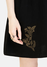 Foliate Leinenmischung Bestickt Knopf Hoch Mini Kleid - Schwarz